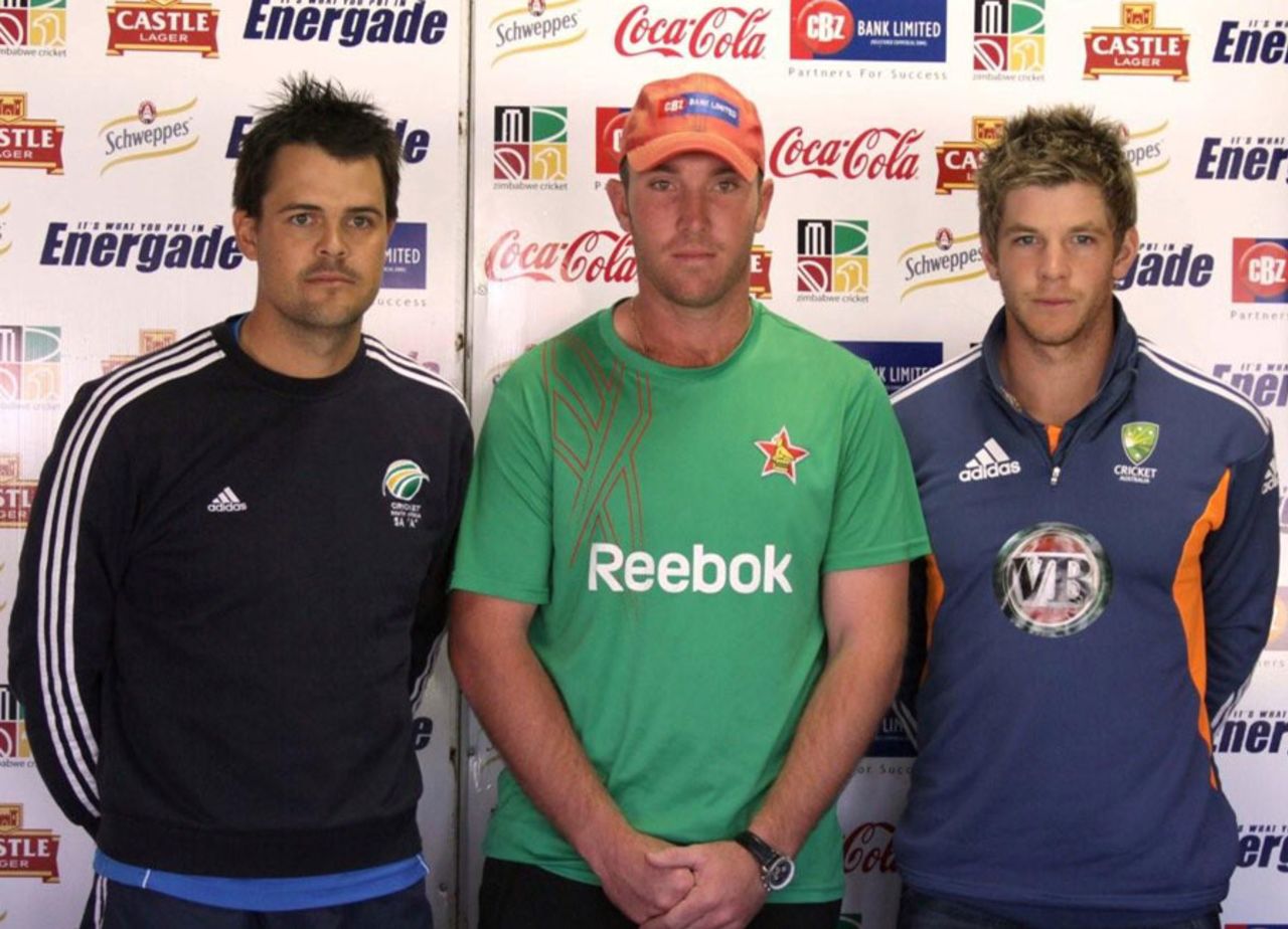 Jacques Rudolph, Brendan Taylor and Tim Paine pose ahead of the tri-series in Zimbabwe, Harare, June 28, 2011