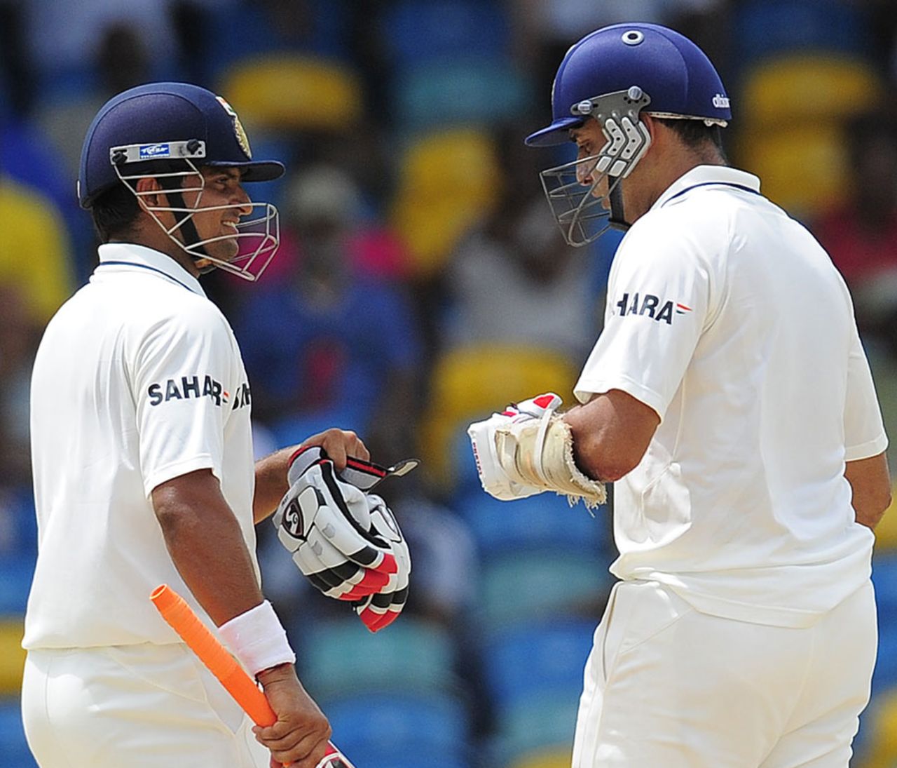 Suresh Raina and VVS Laxman touch gloves during their stand, West Indies v India, 2nd Test, Bridgetown, 1st day, June 28, 2011