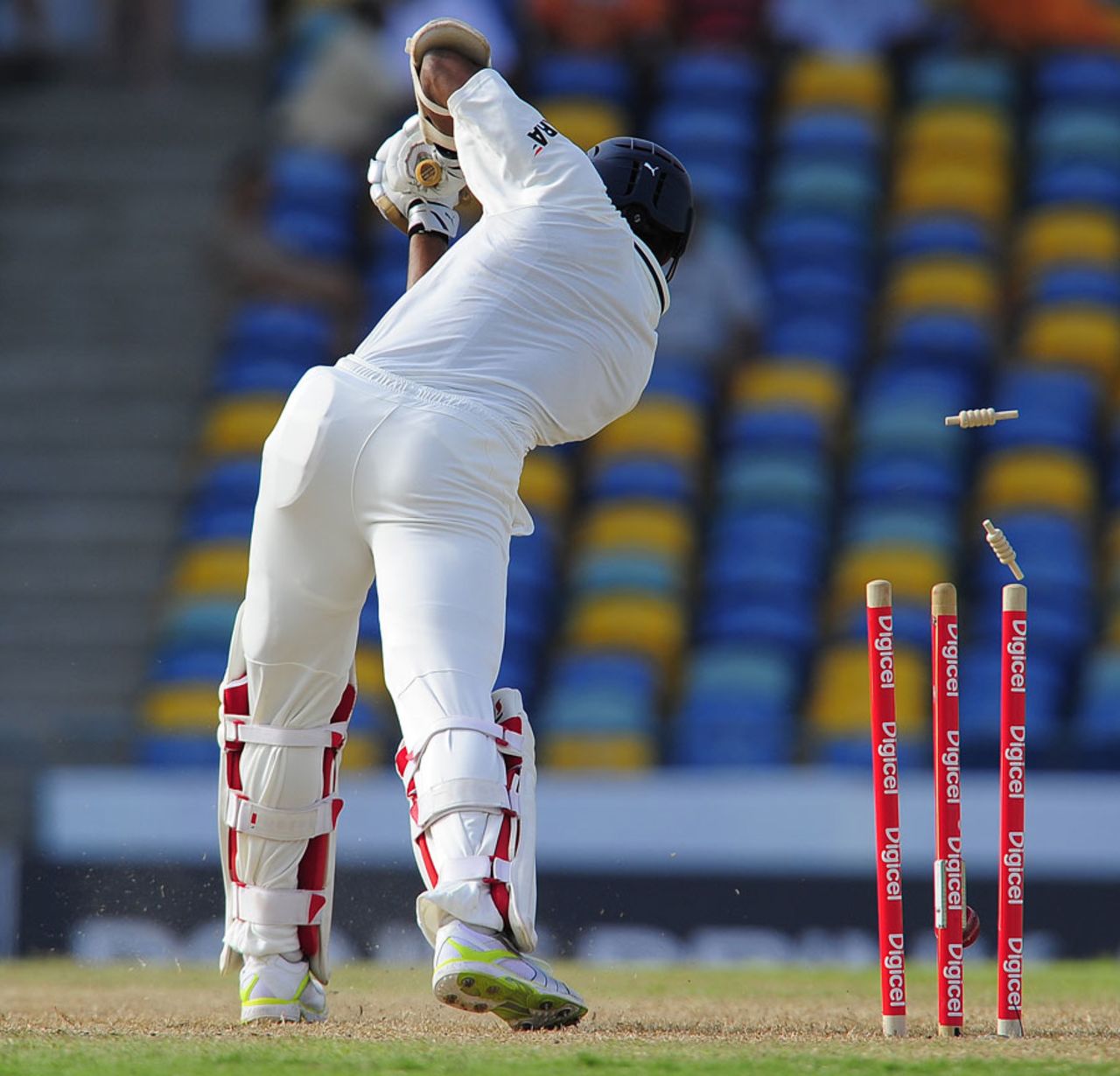 Abhimanyu Mithun is bowled by Fidel Edwards, West Indies v India, 2nd Test, Bridgetown, 1st day, June 28, 2011 