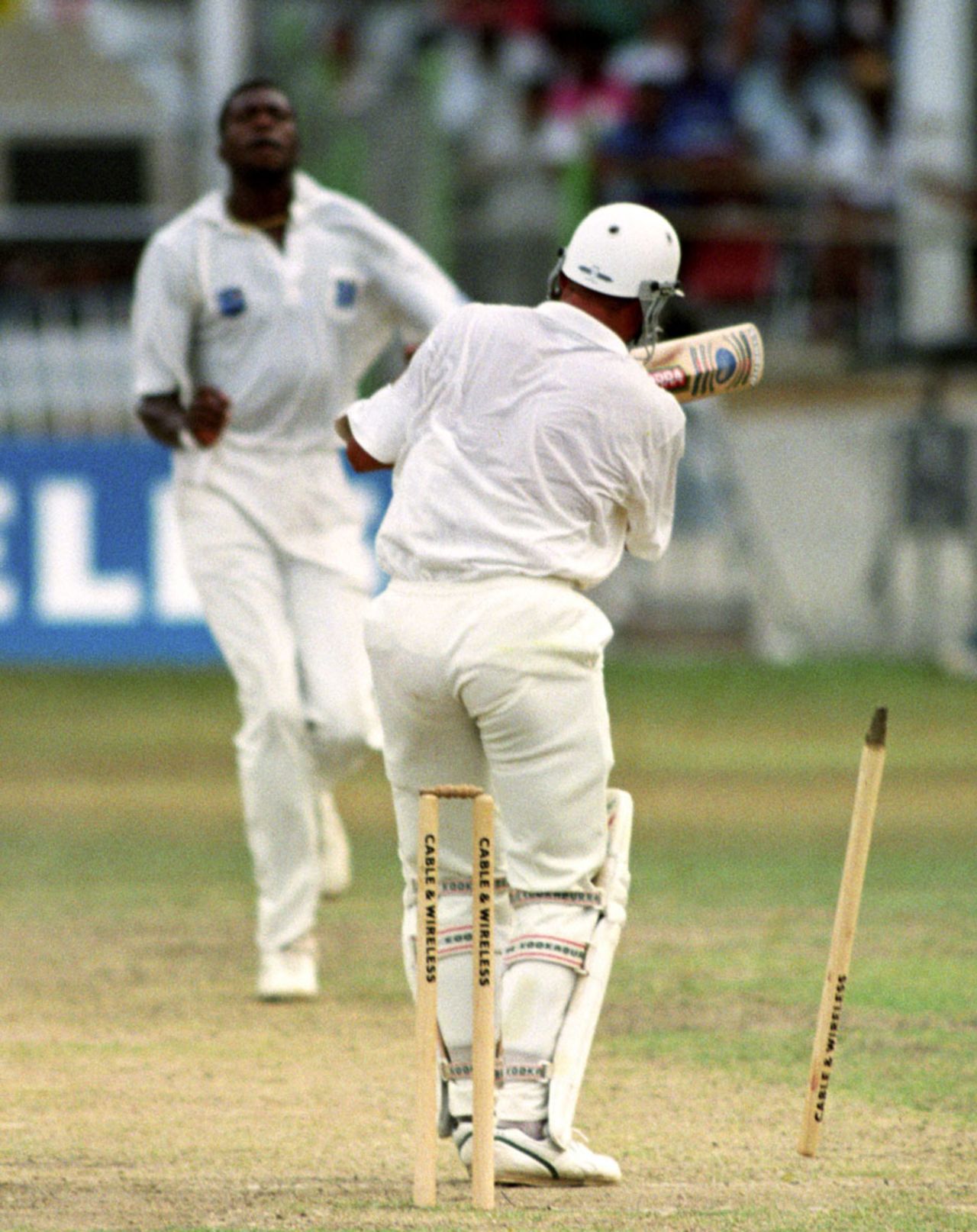 Curtly Ambrose knocks out Alec Stewart's stump, West Indies v England, 3rd Test, Port of Spain, 4th day, March 29, 1994