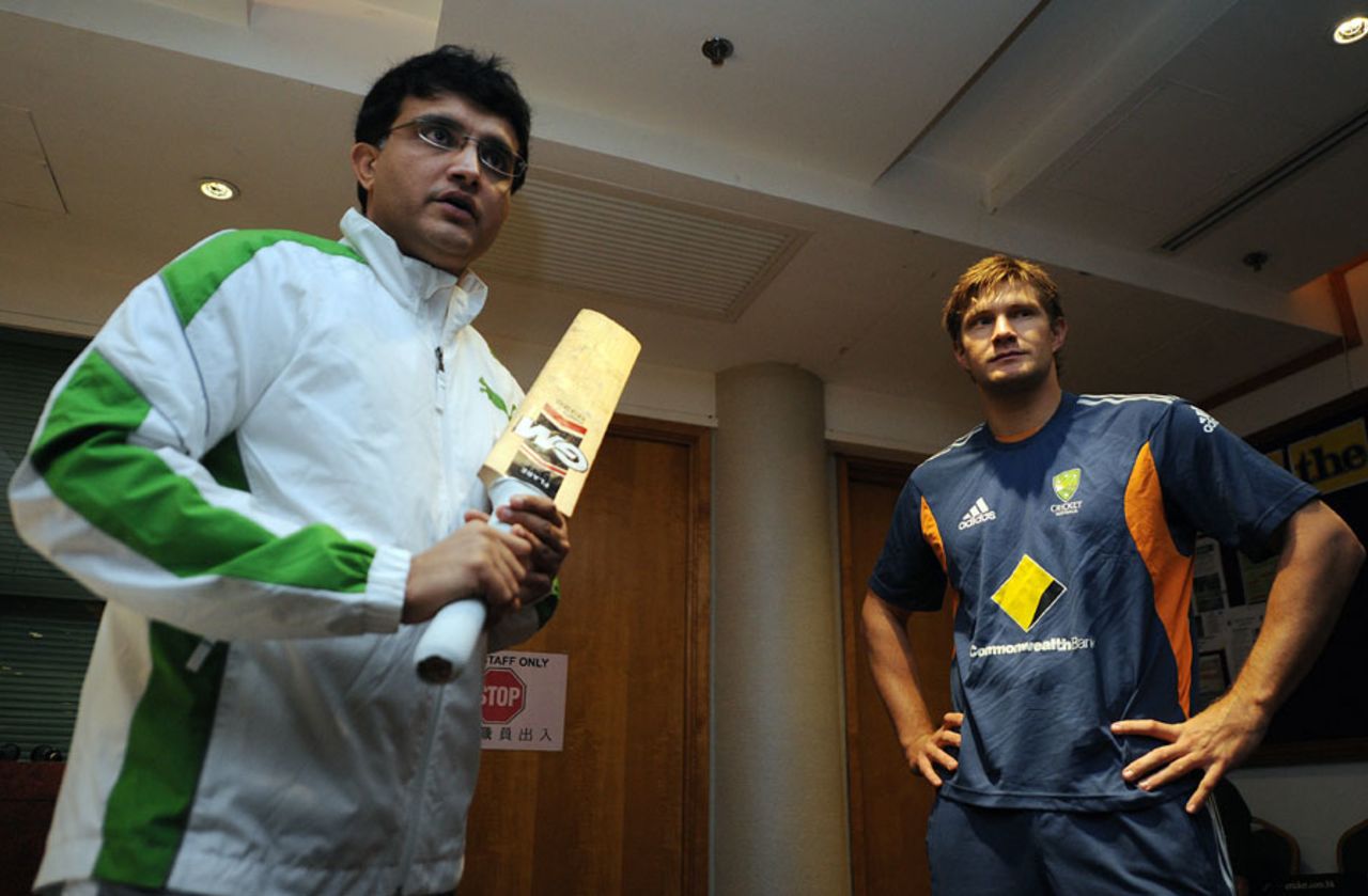 Sourav Ganguly and Shane Watson participate in a cricket clinic on the sidelines of the ICC conference, Hong Kong, June 29, 2011