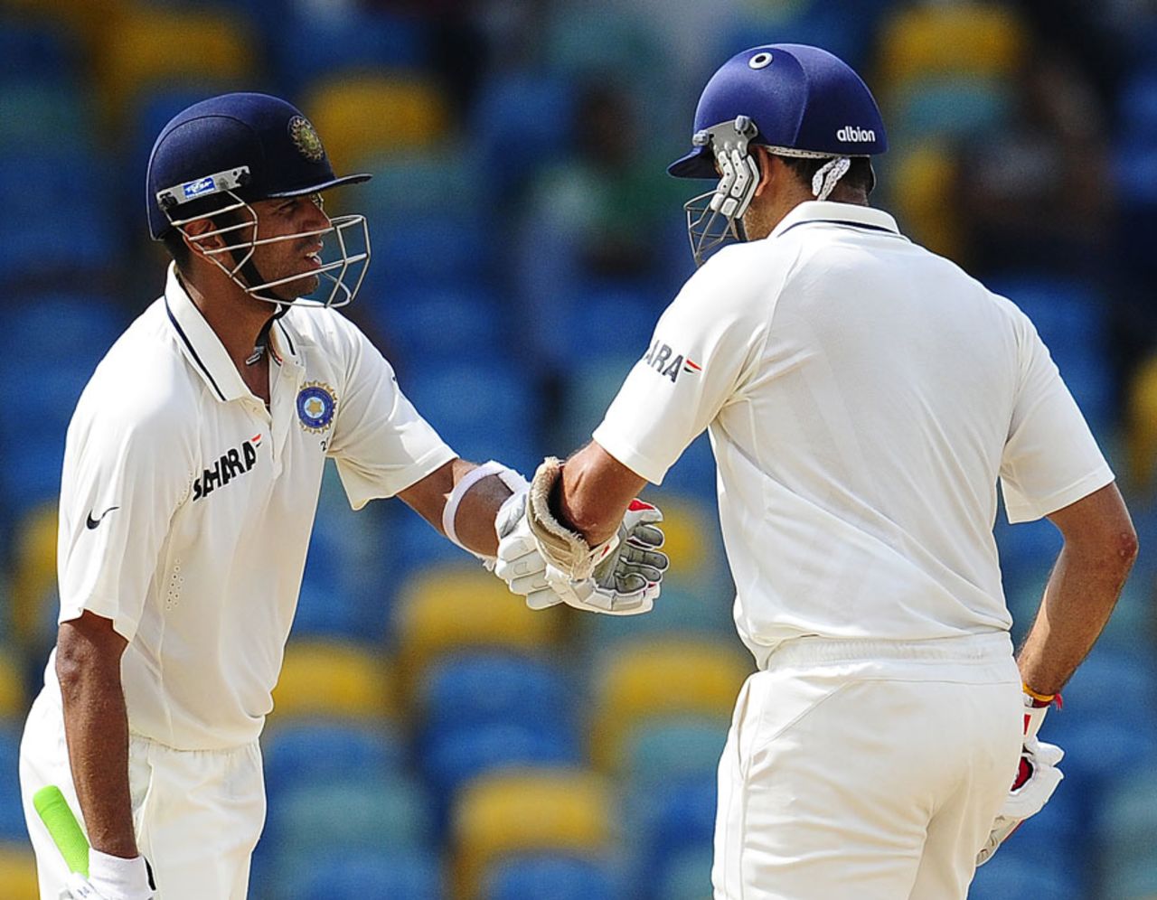 Rahul Dravid and VVS Laxman touch gloves, West Indies v India, 2nd Test, Bridgetown, 4th day, July 1, 2011