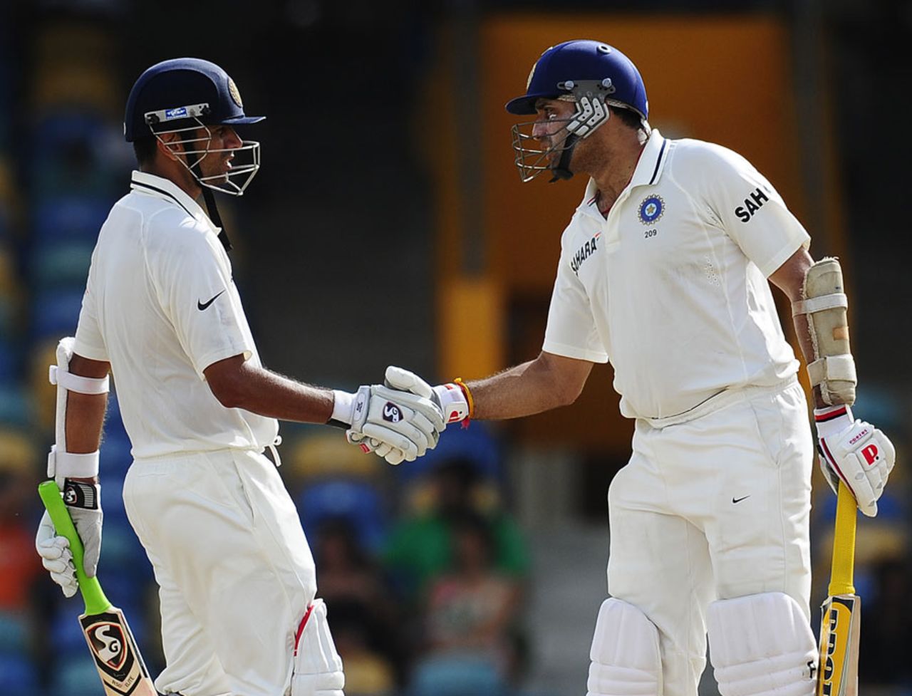 VVS Laxman congratulates Rahul Dravid on his half-century, West Indies v India, 2nd Test, Bridgetown, 4th day, July 1, 2011