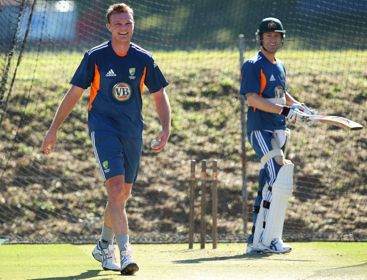 Doug Bollinger and Michael Clarke have a net at CA's Centre of Excellence, Brisbane, July 4, 2011