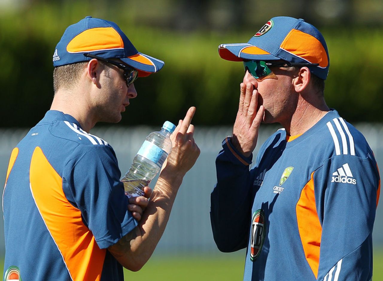 Michael Clarke shares a thought with Tim Nielsen, Brisbane, July 4, 2011