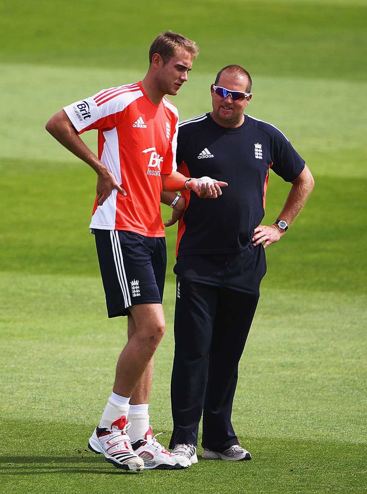 Stuart Broad works with David Saker ahead of the fourth one-day international, Trent Bridge, July 5, 2011
