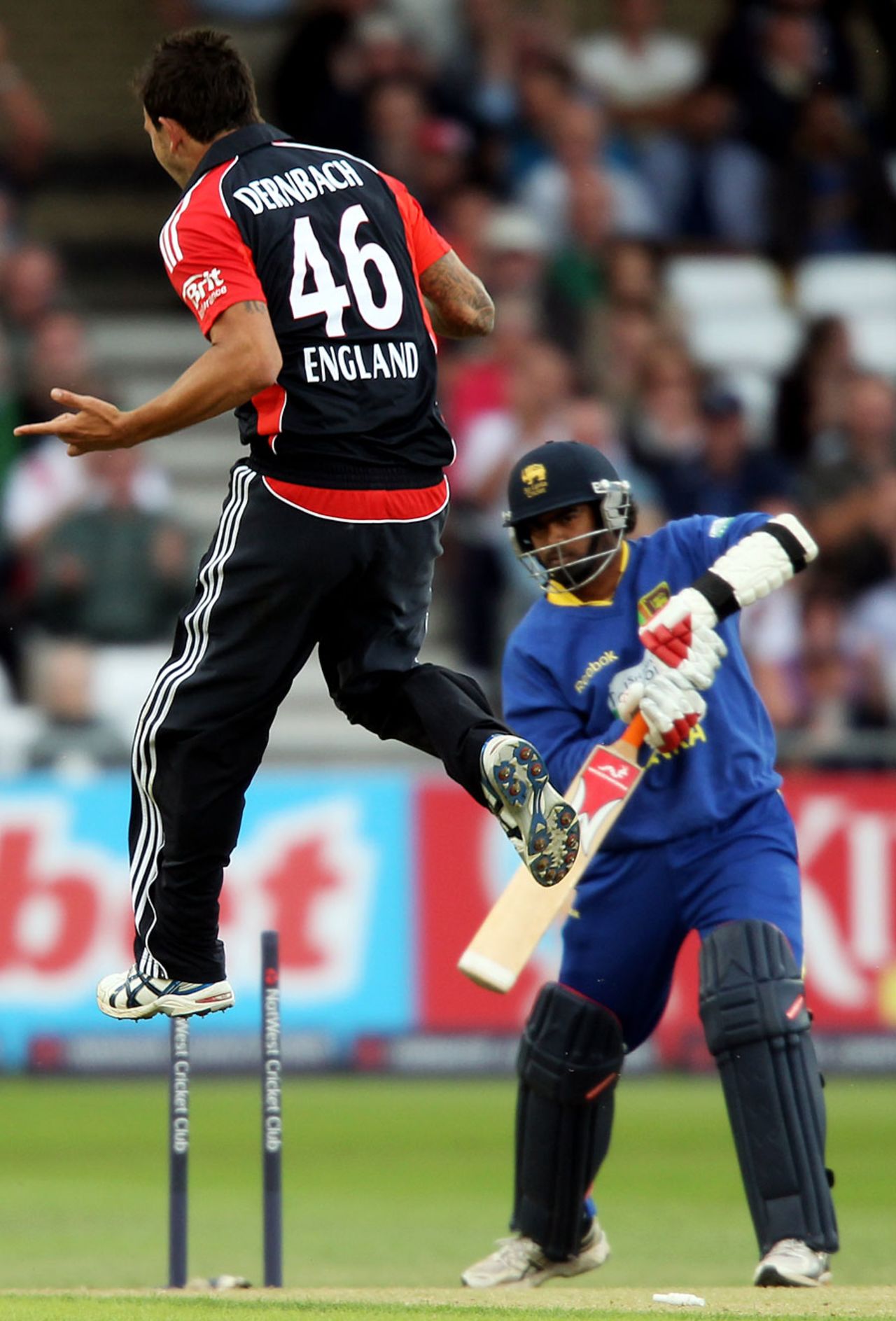 Jade Dernbach leaps for joy after uprooting Lasith Malinga's leg stump, England v Sri Lanka, 4th ODI, Trent Bridge, July 6 2011