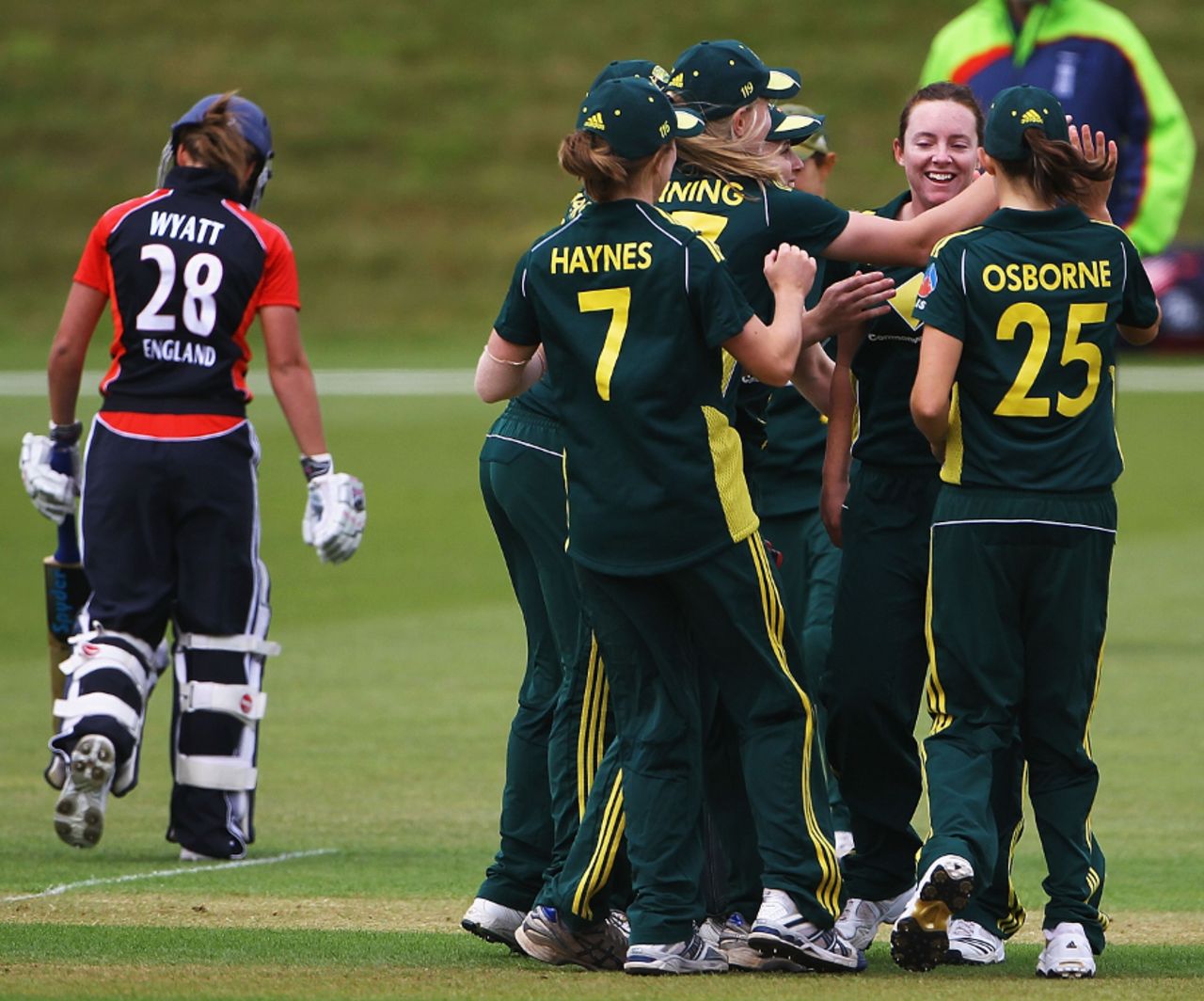 Australia celebrate an early wicket against England, England v Australia, NatWest Women's Quadrangular Series Final, Wormsley, July 7 2011