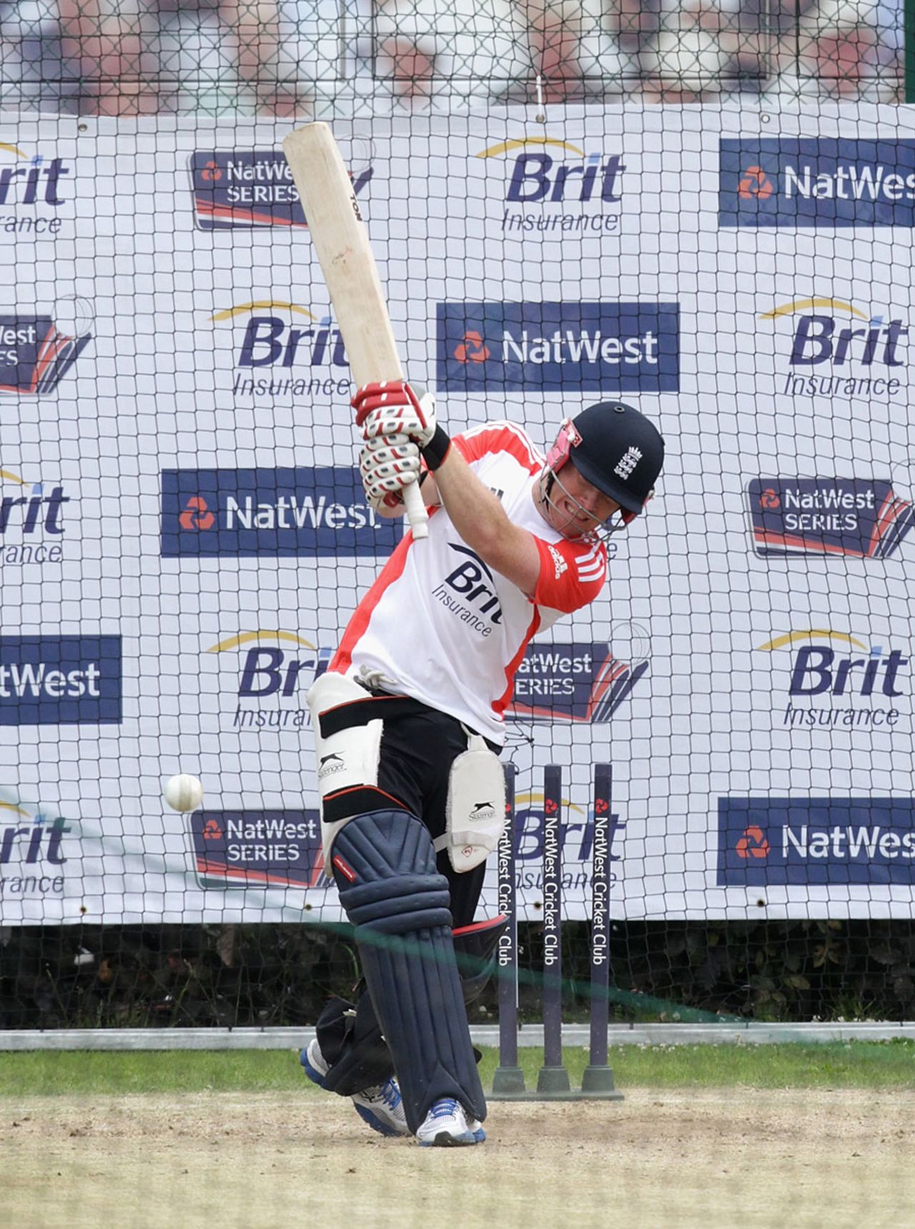 Eoin Morgan practices his big hitting ahead of the deciding ODI match at Old Trafford, July 8 2010