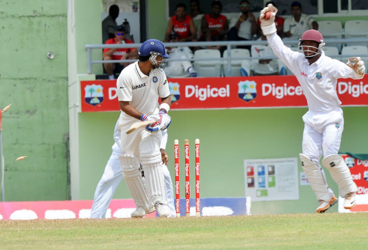 Virat Kohli was caught down the leg side by Carlton Baugh, West Indies v India, 3rd Test, Dominica, 3rd day, July 8, 2011