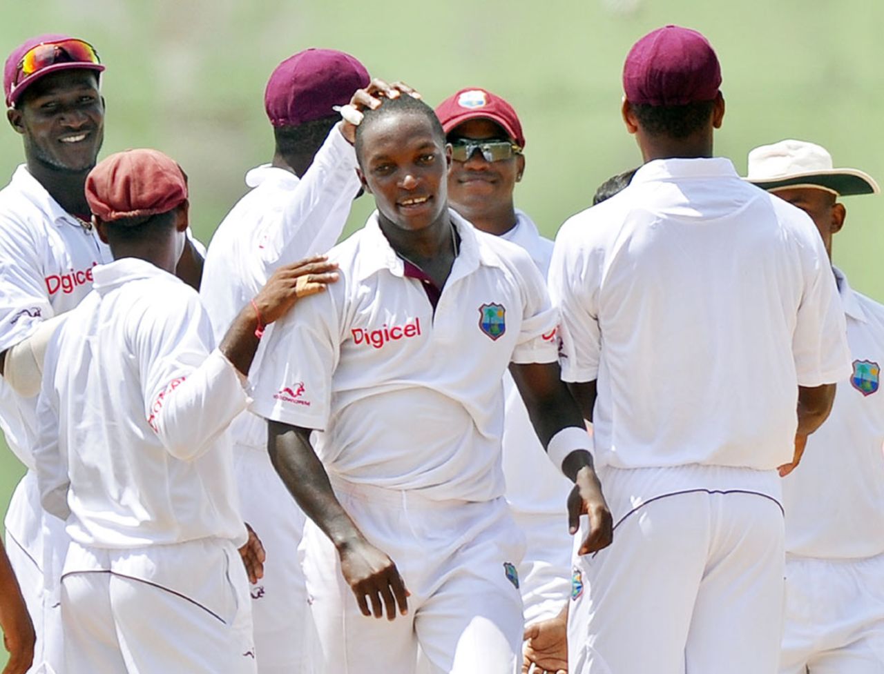 Fidel Edwards is congratulated by team-mates on his five-for, West Indies v India, 3rd Test, Dominica, 4th day, July 9, 2011