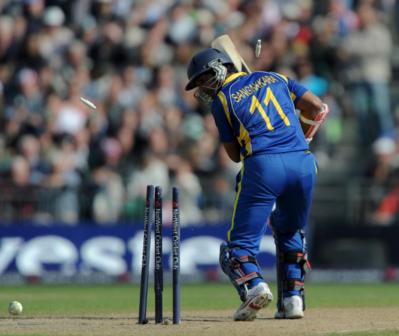 Kumar Sangakkara plays on to Tim Bresnan, England v Sri Lanka, 5th ODI, Old Trafford, July 9 2011