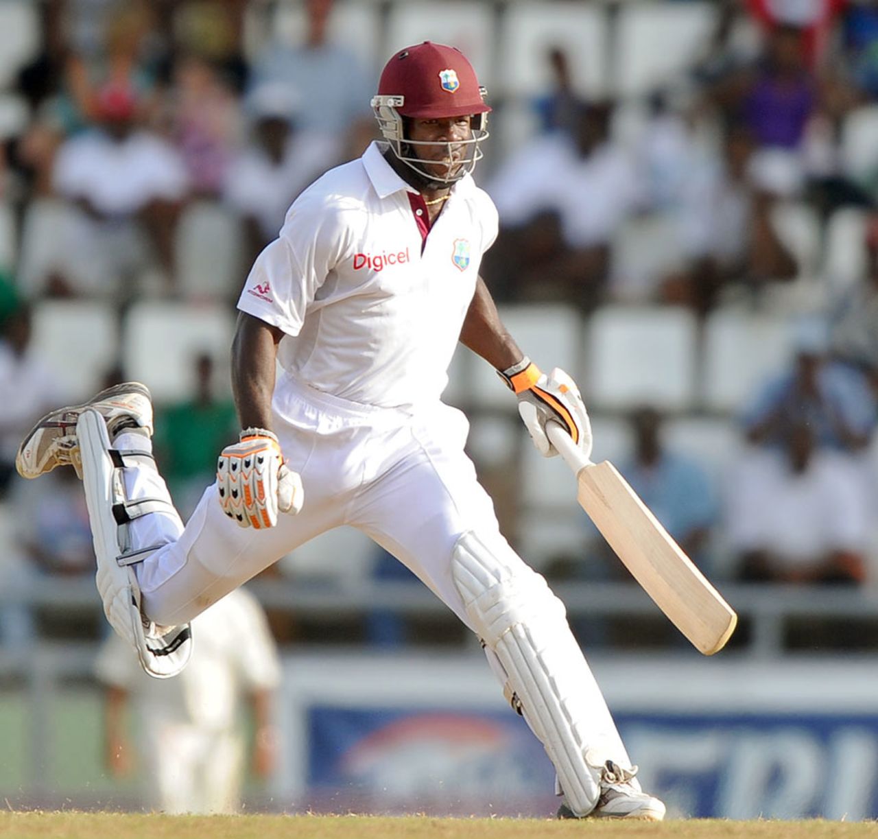 Kirk Edwards scrambles the single that takes him to a debut century, West Indies v India, 3rd Test, Dominica, 4th day, July 9, 2011