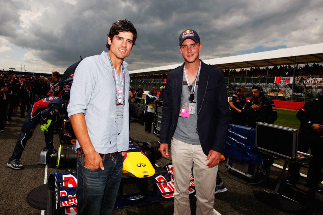 Alastair Cook and Stuart Broad, who was recently dropped from England's ODI side, at the British Grand Prix, Northampton, July 10 2011
