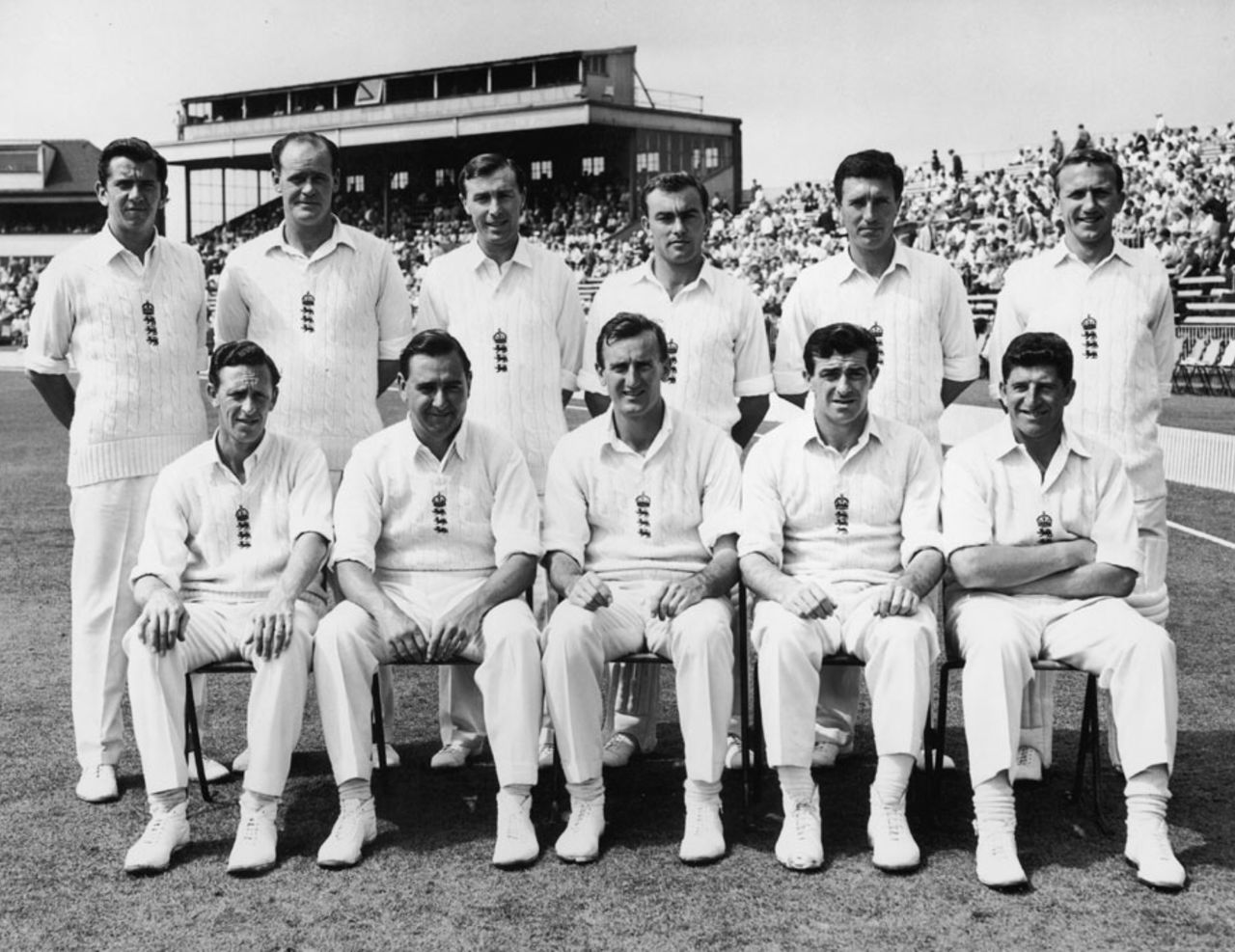 The England XI for the first Test at Old Trafford. Back row, left to right: David Allen, Brian Close, Keith Andrew, John Edrich, Fred Titmus and Mickey Stewart. Front row, left to right: Brian Statham, Colin Cowdrey, Ted Dexter, Fred Trueman and Ken Barrington, England v West Indies, Old Trafford, 4th day, June 10, 1963