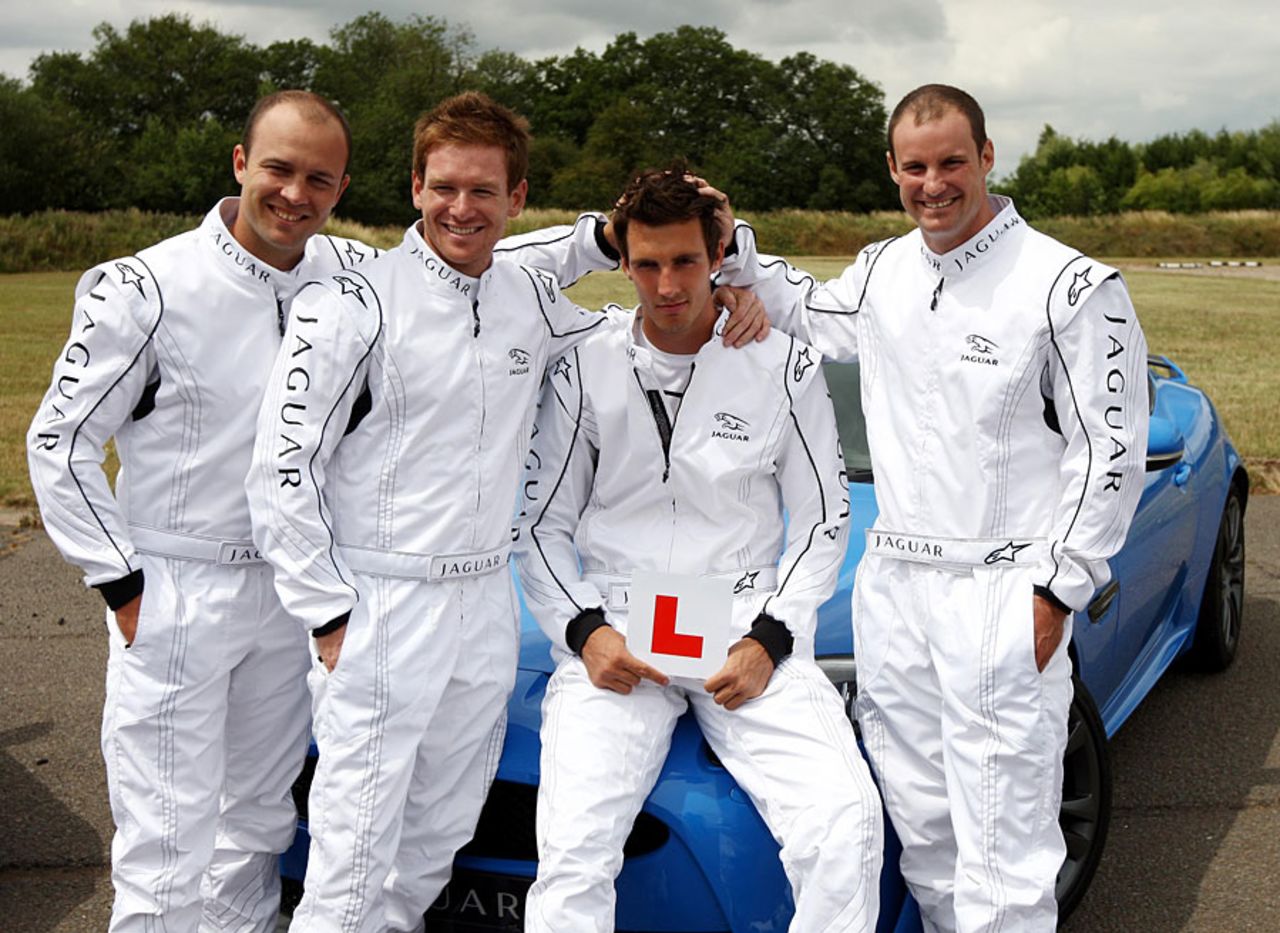 Jonathan Trott, Eoin Morgan, Steven Finn - who came last - and Andrew Strauss took part in a Jaguar event, Warwick, July 12, 2011