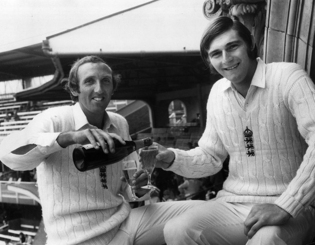 Geoff Arnold and Chris Old celebrate India's rout, England v India, 2nd Test, Lord's, June 24, 1974