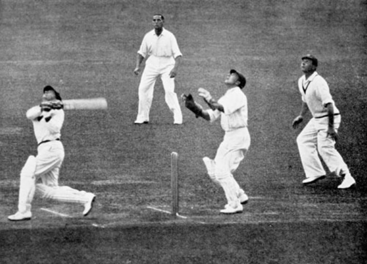 Don Bradman tries to drive Hedley Verity and holes out to Les Ames who holds a skyer, England v Australia, Lord's, June 25, 1934