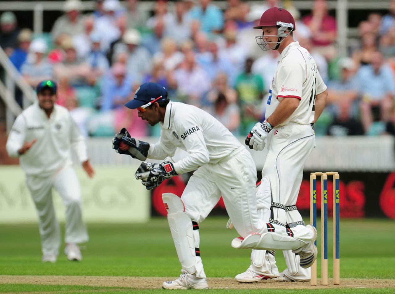 Andrew Strauss is caught by Wriddhiman Saha for 78, Somerset v Indians, Taunton, 1st day, July 15, 2011
