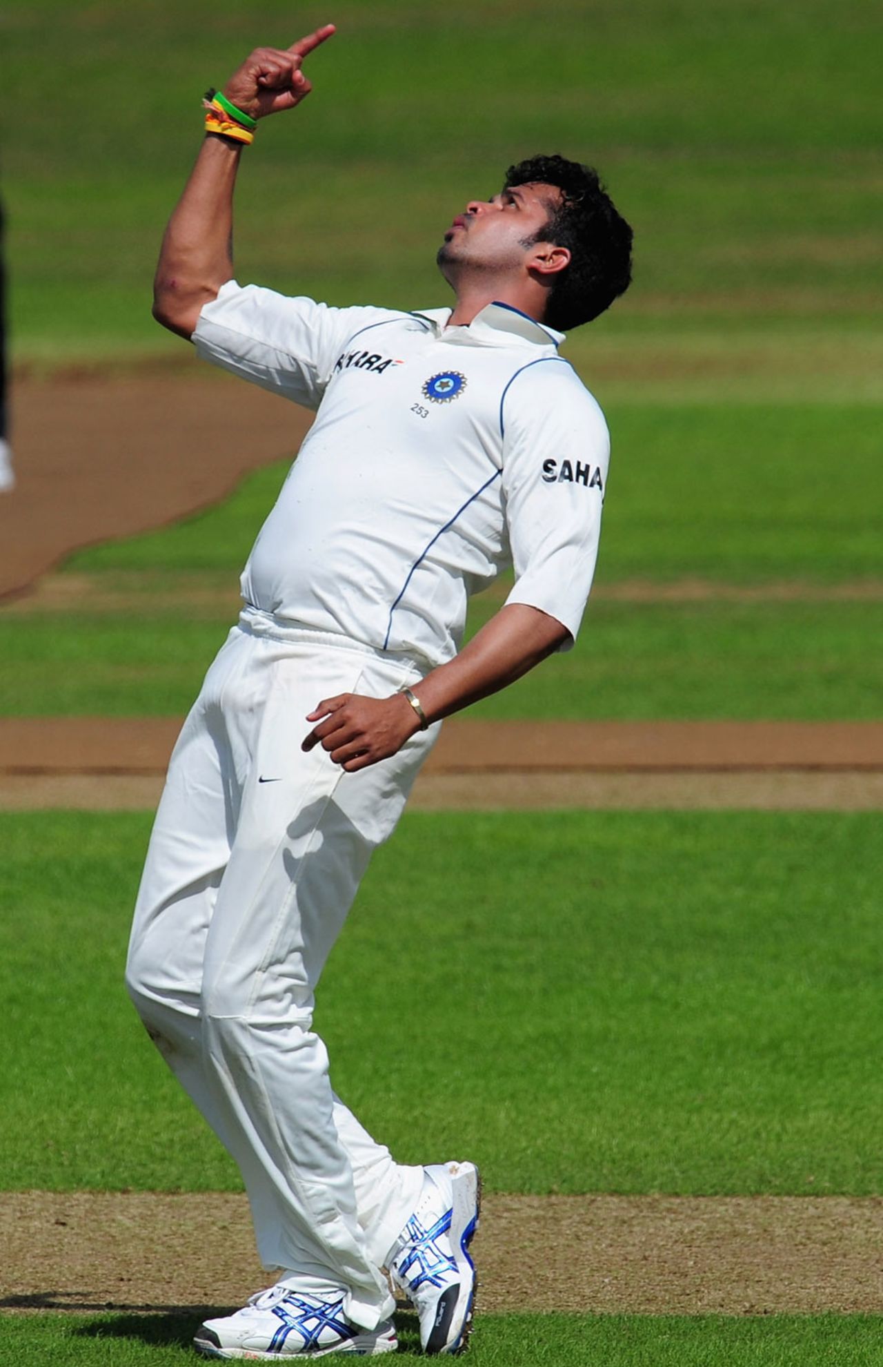 Sreesanth is relieved at finally getting a wicket for his labours, Somerset v Indians, Taunton, 2nd day, July 16, 2011