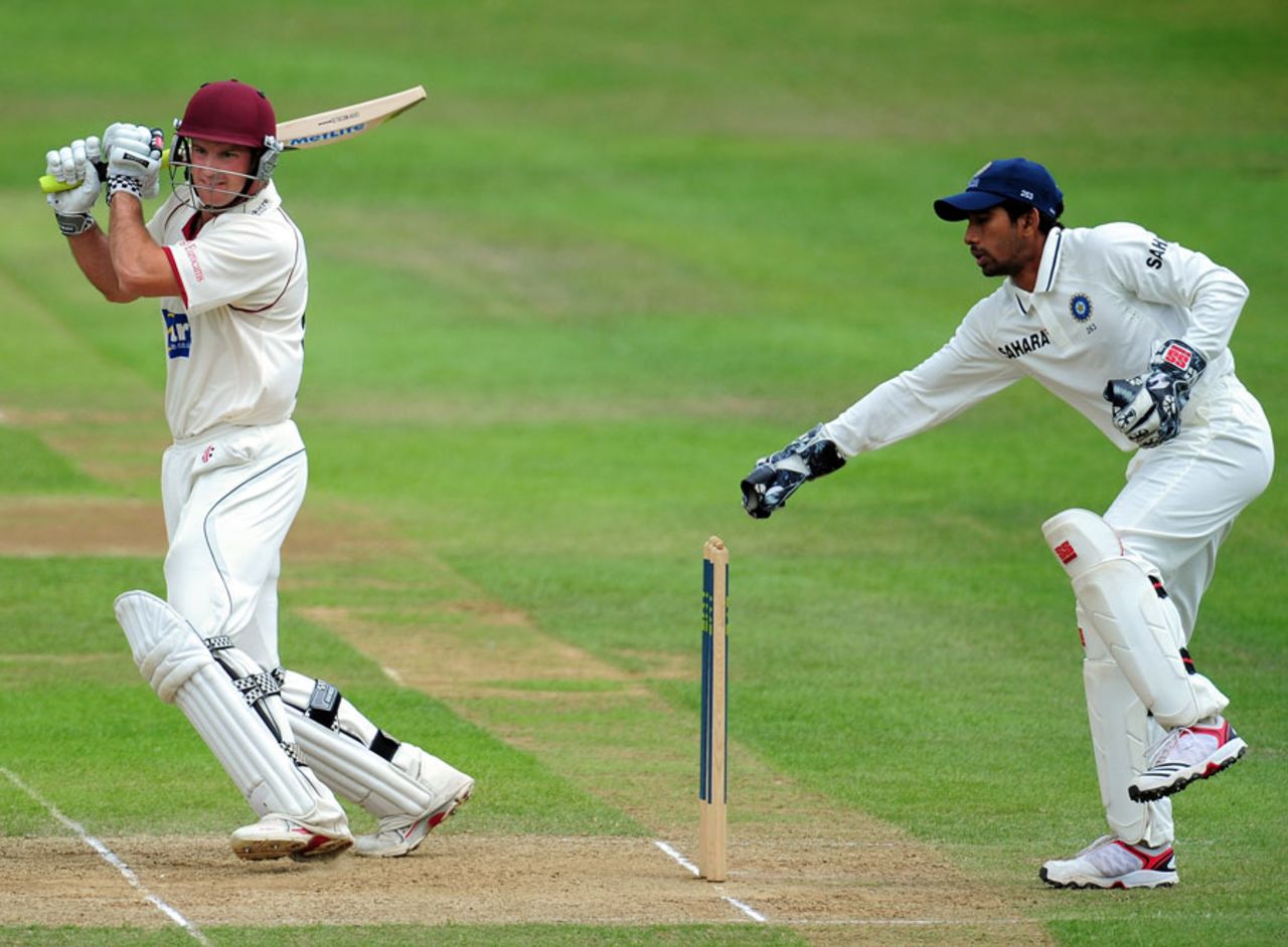 Andrew Strauss steers through the off side, Somerset v Indians, Taunton, 3rd day, July 17, 2011