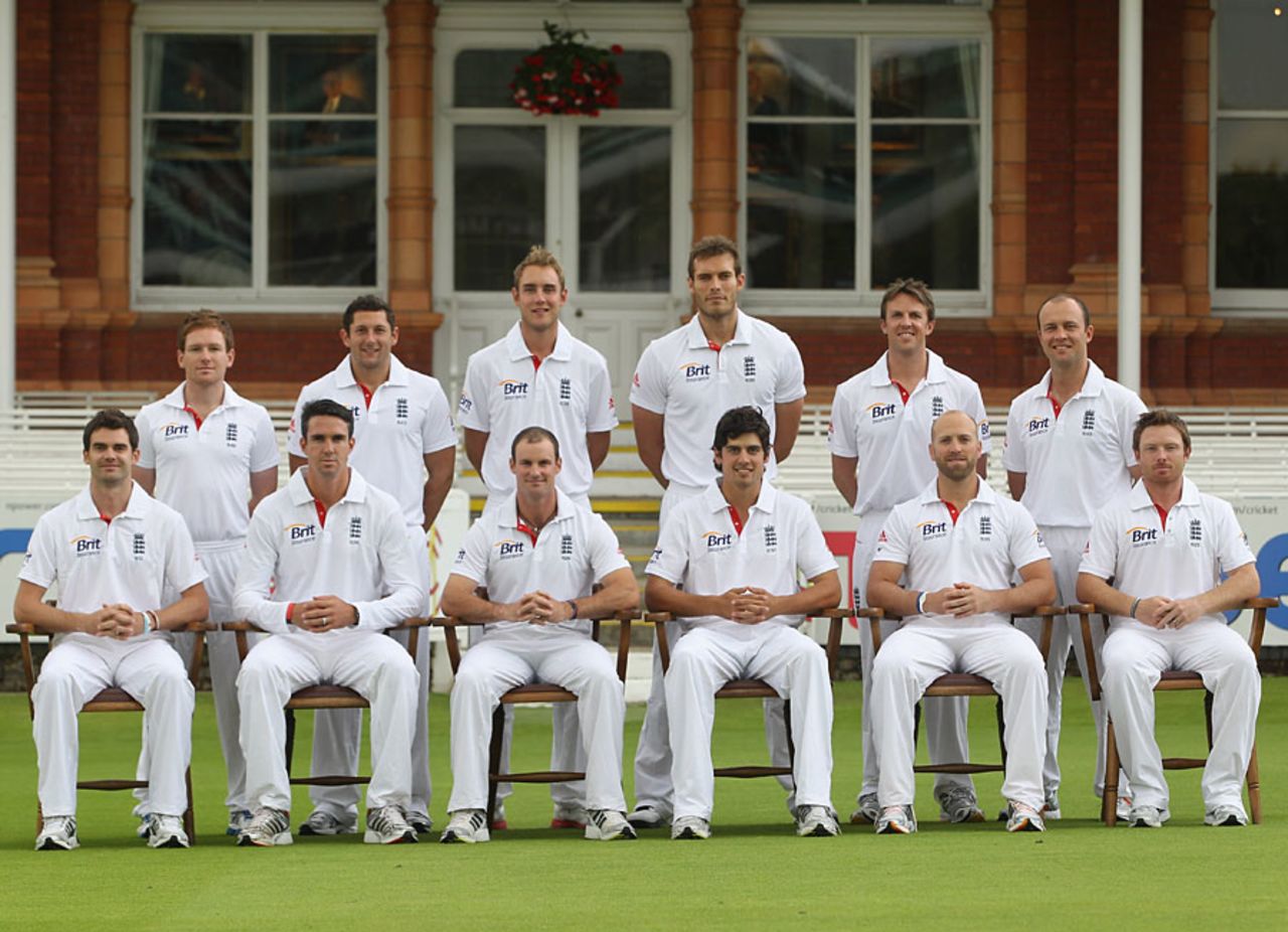 The England squad for the first Test lines up outside the Lord's pavilion, Lord's, July 19 2011