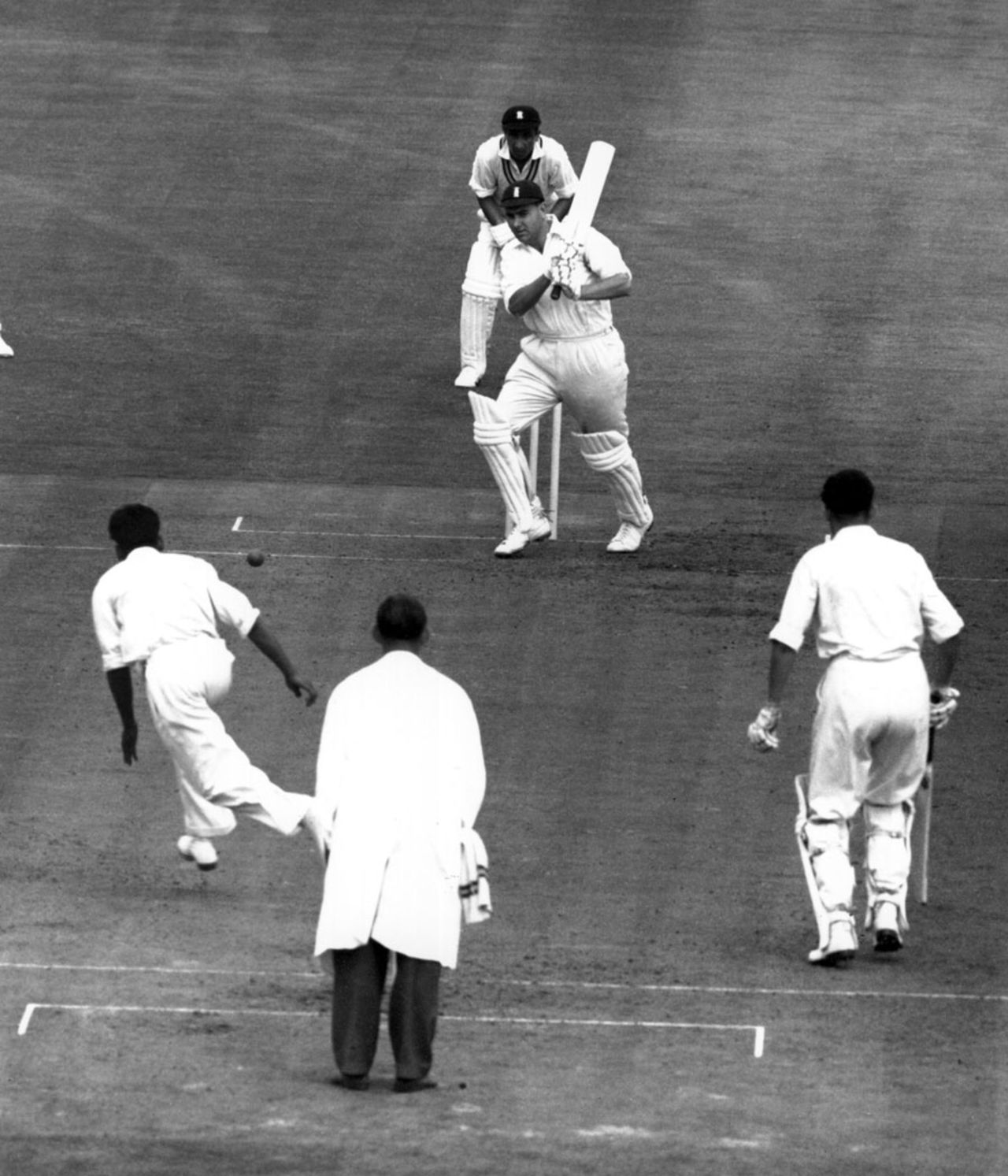 Colin Cowdrey plays one back to the bowler, England v India, 4th Test, Old Trafford, 27 July, 1959