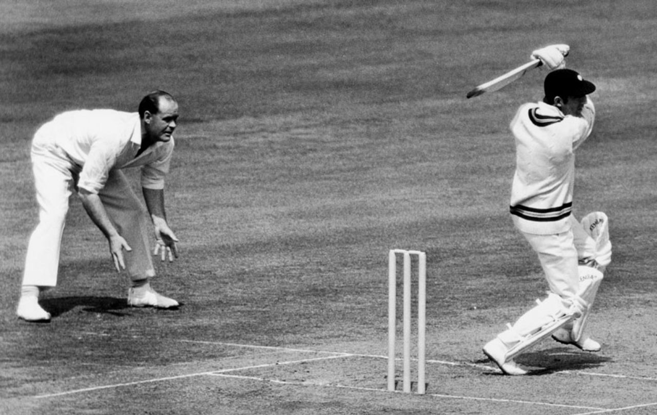 Brian Close watches as the Nawab of Pataudi drives during his century, England v India, 3rd Test, Headingley, 3rd day, June 10, 1967