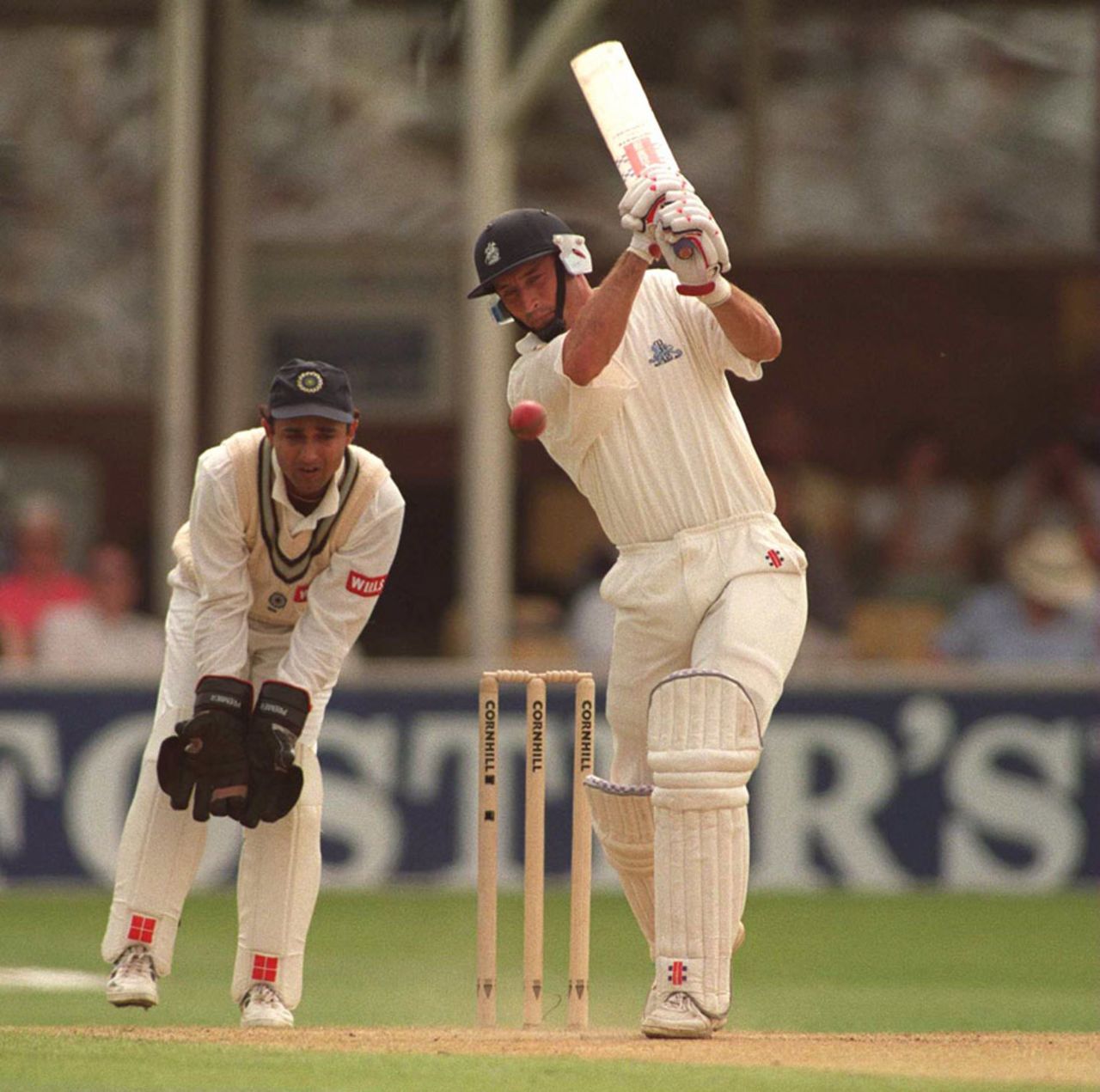 Nasser Hussain drives during his maiden Test century, England v India, 1st Test, Edgbaston, 2nd day, June 7, 1996 