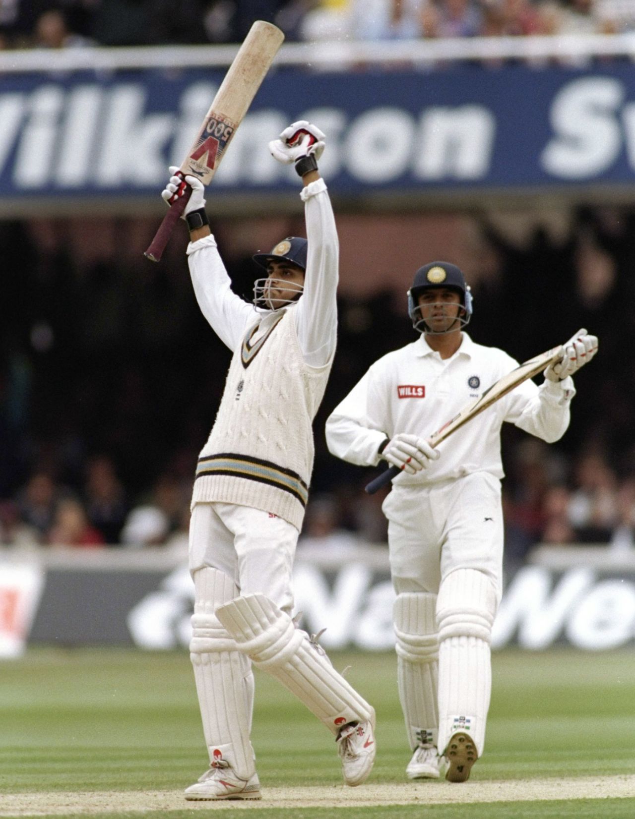 Sourav Ganguly celebrates a century on Test debut as Rahul Dravid applauds, England v India, 2nd Test, Lord's, 3rd day, June 22, 1996