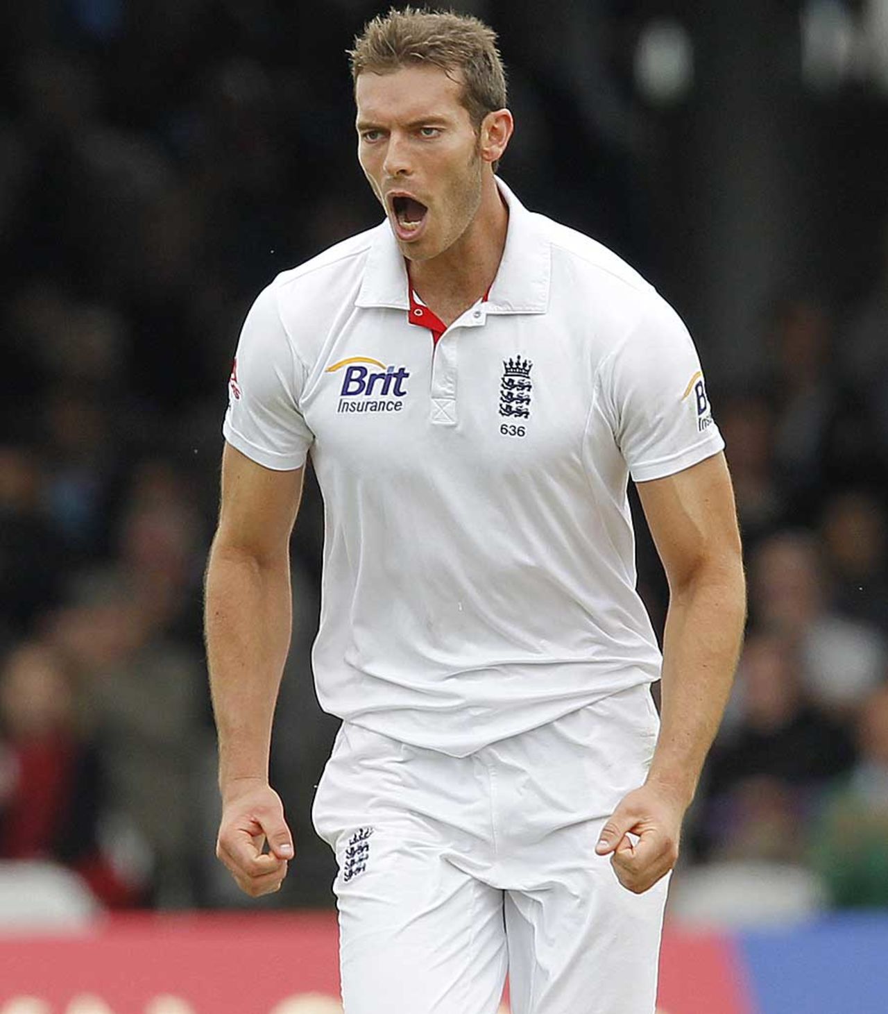 Chris Tremlett looks an imposing figure as he celebrates a wicket, England v India, 1st Test, Lord's, 3rd day, July 23, 2011
