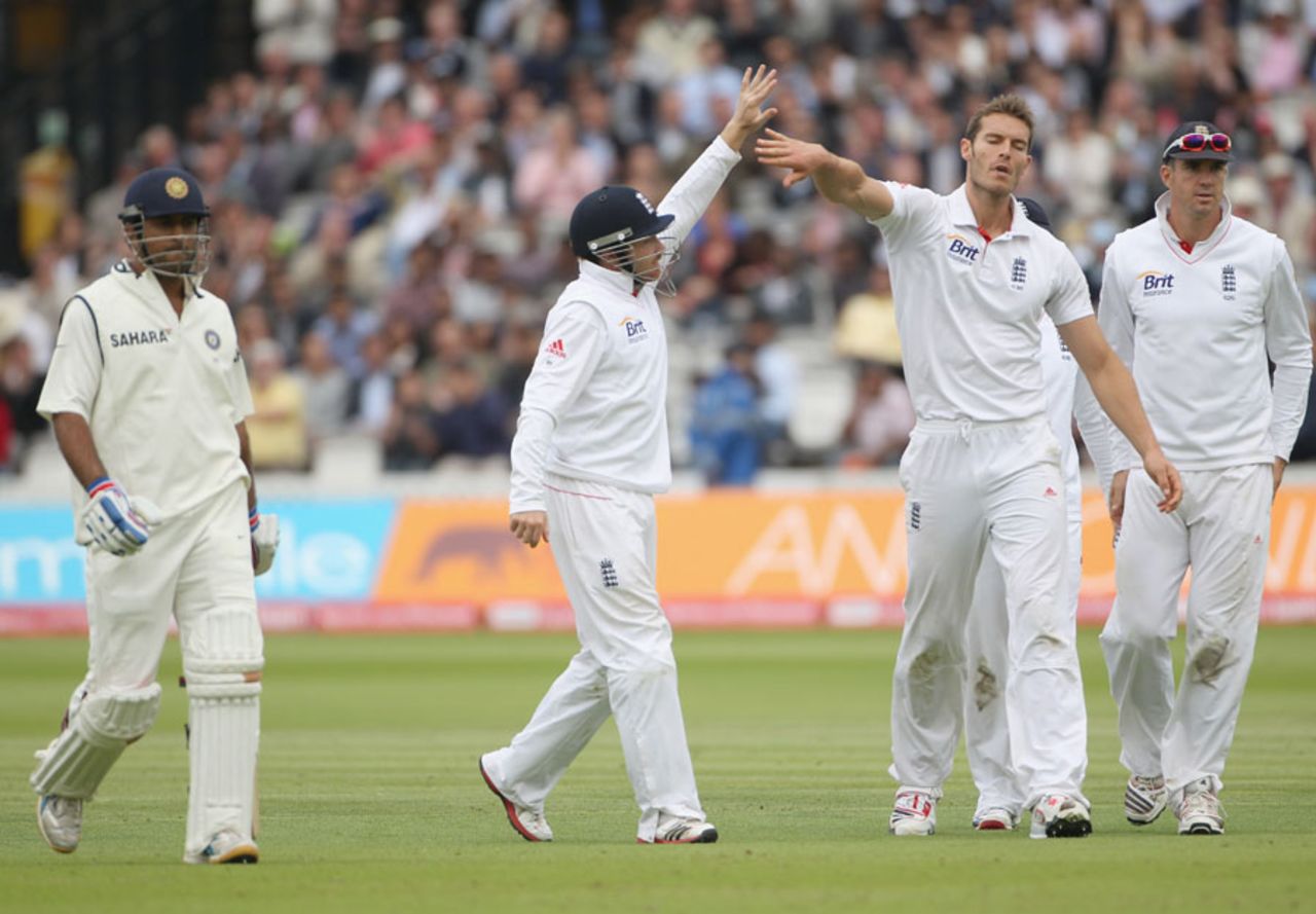 Chris Tremlett is congratulated after removing MS Dhoni, England v India, 1st Test, Lord's, 3rd day, July 23, 2011