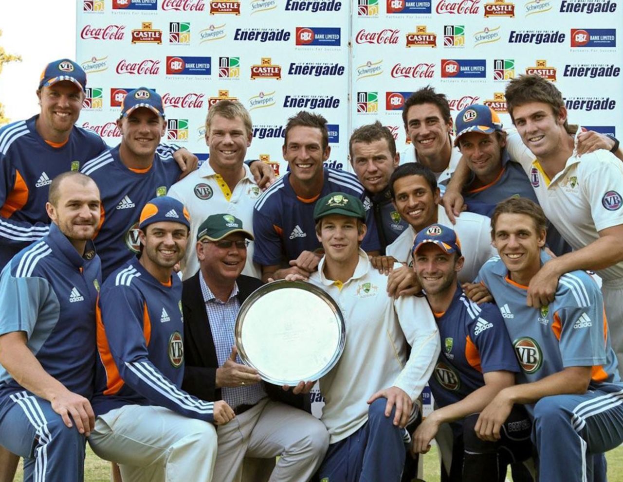 Australia A pose with the trophy after defeating Zimbabwe XI, Zimbabwe XI v Australia A, Tour Match, Harare, July 24 2011