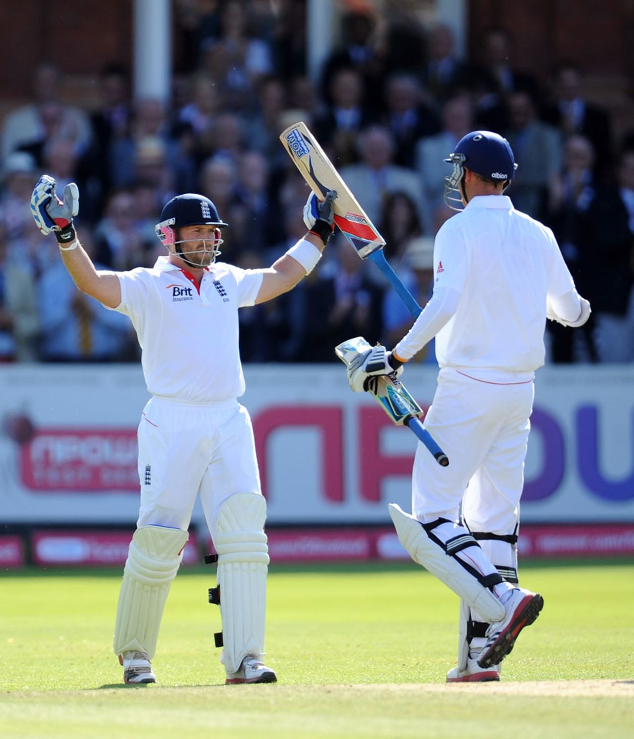 Matt Prior raises his bat on getting to a century, England v India, 1st Test, Lord's, 4th day, July 24, 2011