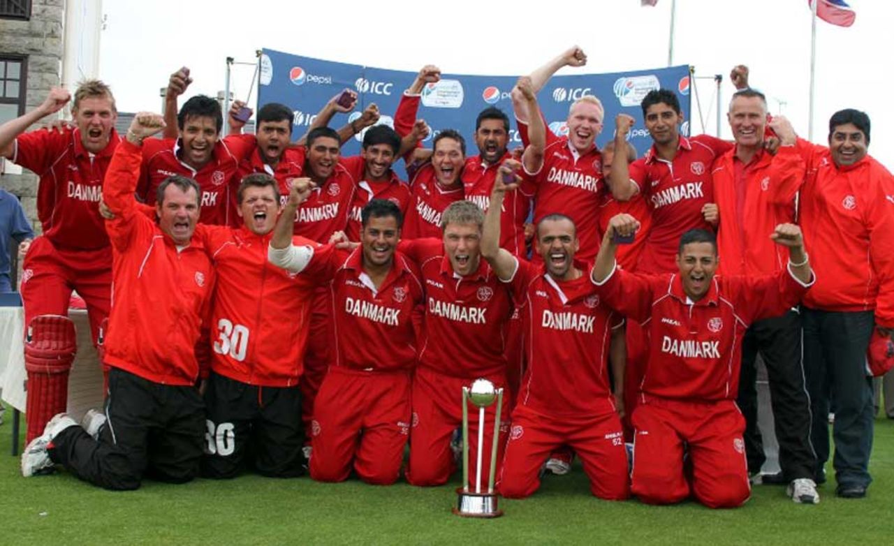 Denmark celebrate their victory in the European Championship Division One Twenty20, Denmark v Italy, European Championship Division One Twenty20 final, St Clement, July 25, 2011