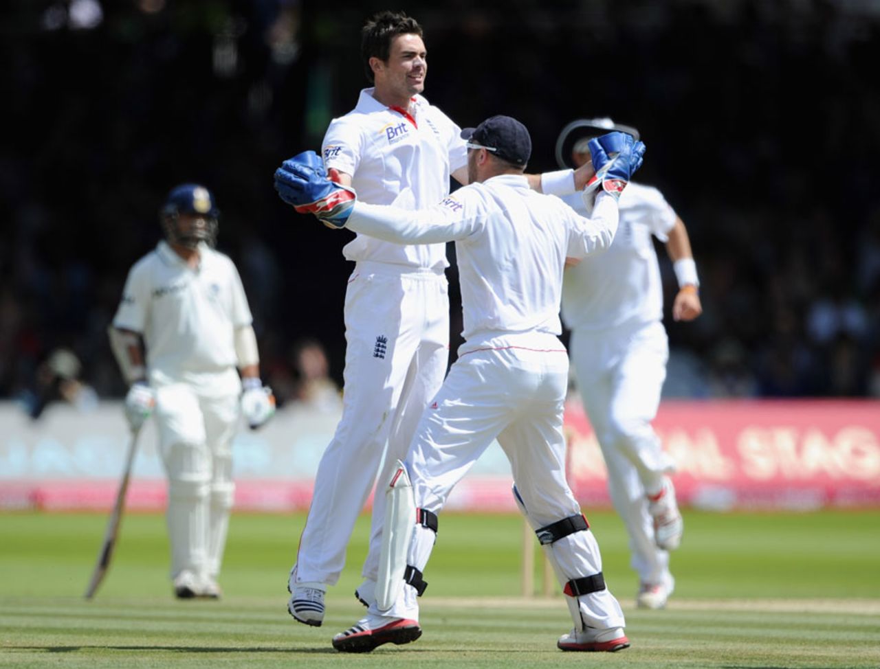 James Anderson is congratulated on dismissing VVS Laxman, England v India, 1st Test, Lord's, 5th day, July 25, 2011