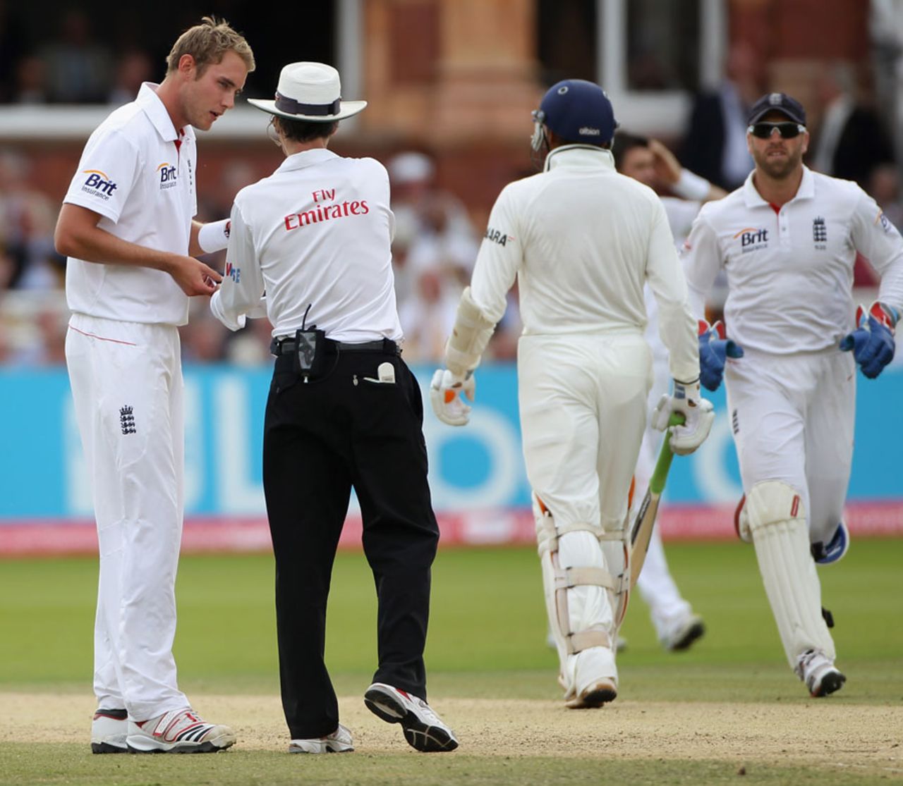 Stuart Broad talks to Billy Bowden after having an lbw appeal turned down, England v India, 1st Test, Lord's, 5th day, July 25, 2011