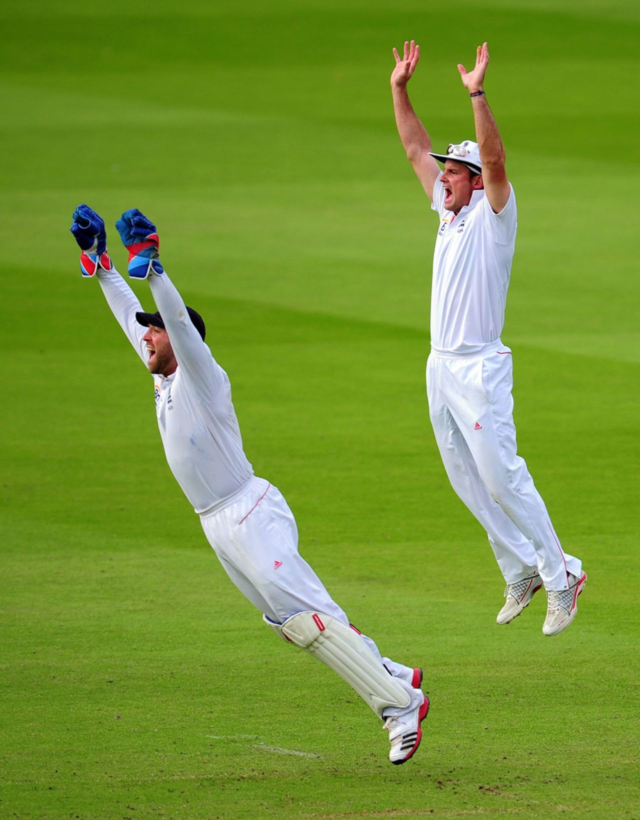 Matt Prior and Andrew Strauss go airborne while appealing, England v India, 1st Test, Lord's, 5th day, July 25, 2011