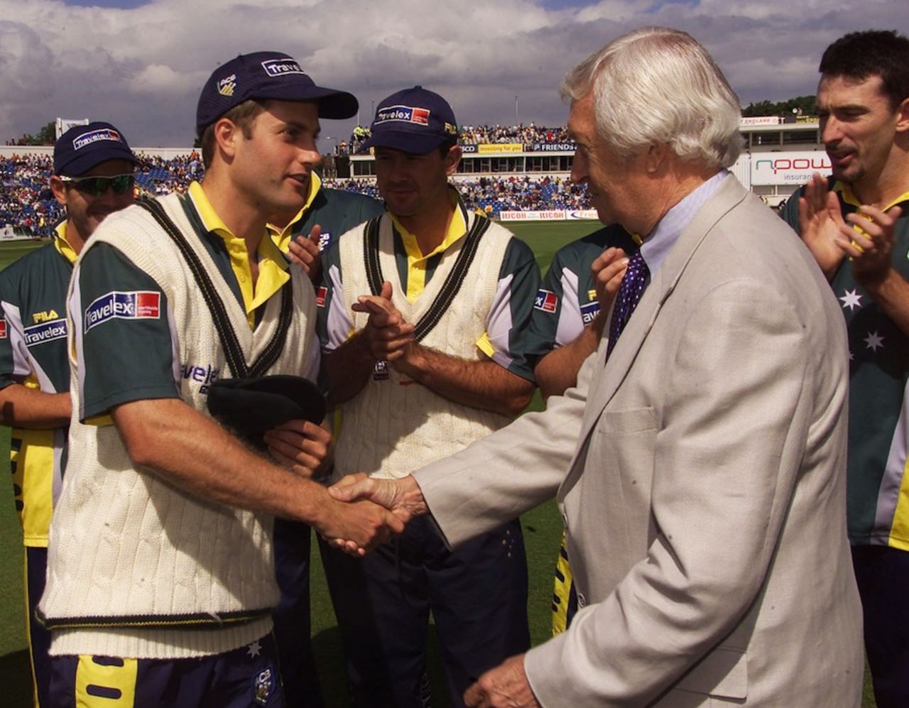 Simon Katich receives his baggy green from Richie Benaud, England v Australia, The Ashes 4th npower Test, Leeds, August 16, 2001