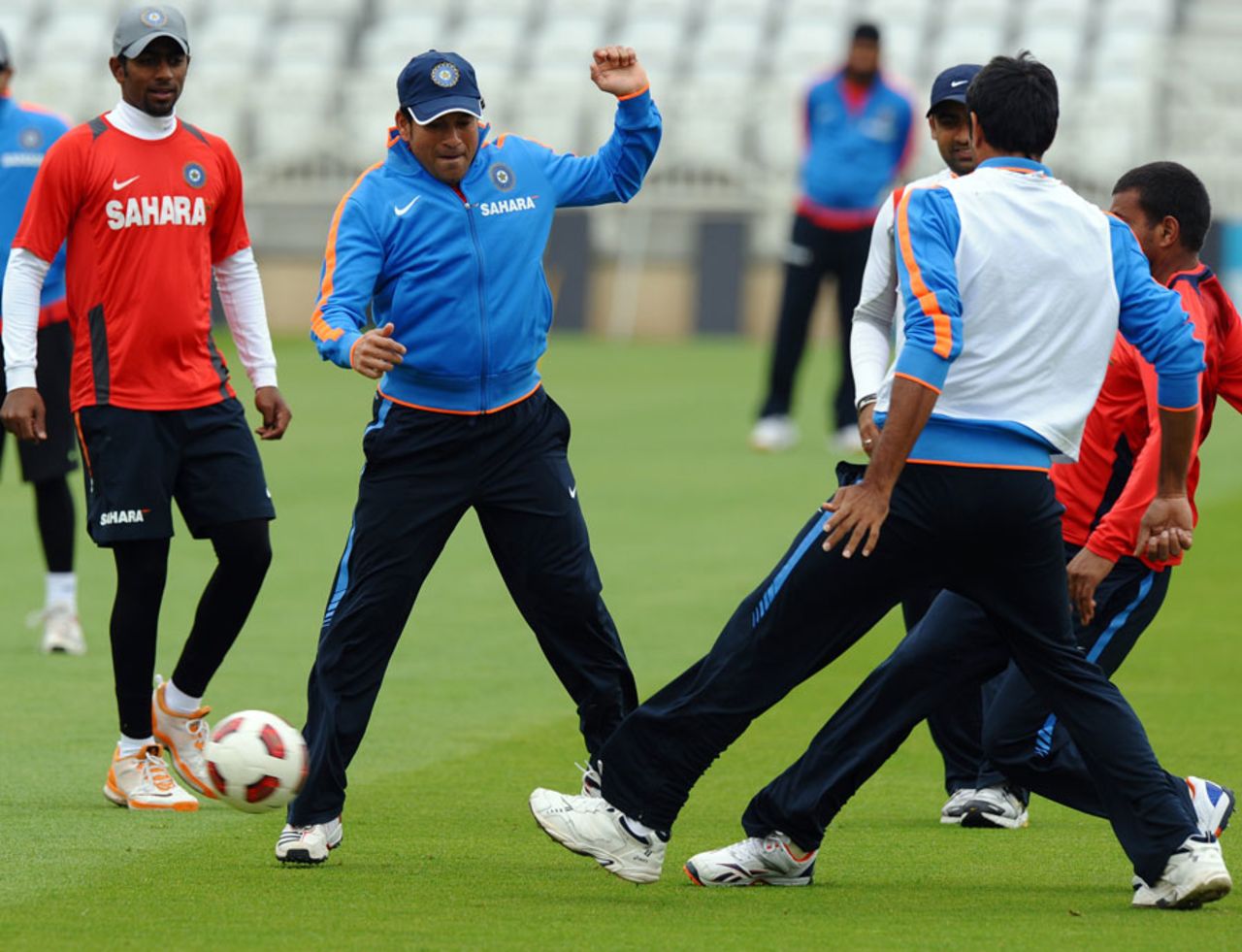 India loosen up with a game of football during a practice session, Nottingham, July 27, 2011