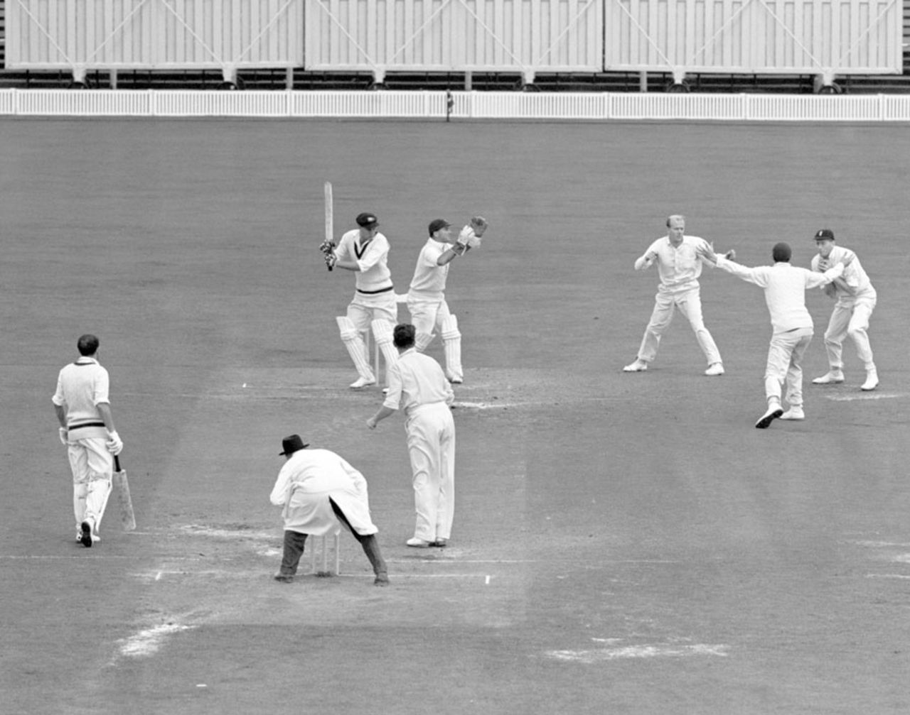 Ron Archer is caught by Alan Oakman off Jim Laker for a duck, England v Australia, 4th Test, Old Trafford, 5th day, July 31, 1956