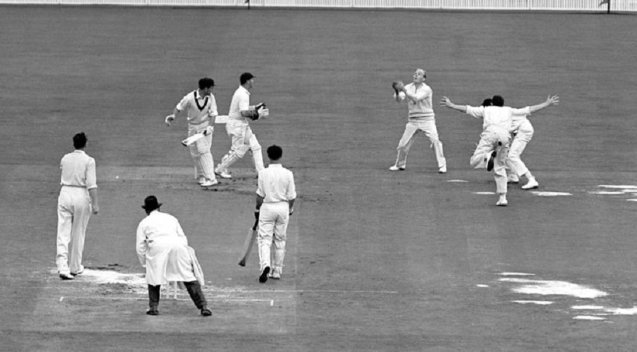 Tony Lock catches Jim Burke for 33 off Jim Laker, England v Australia, 4th Test, Old Trafford, 5th day, July 31, 1956