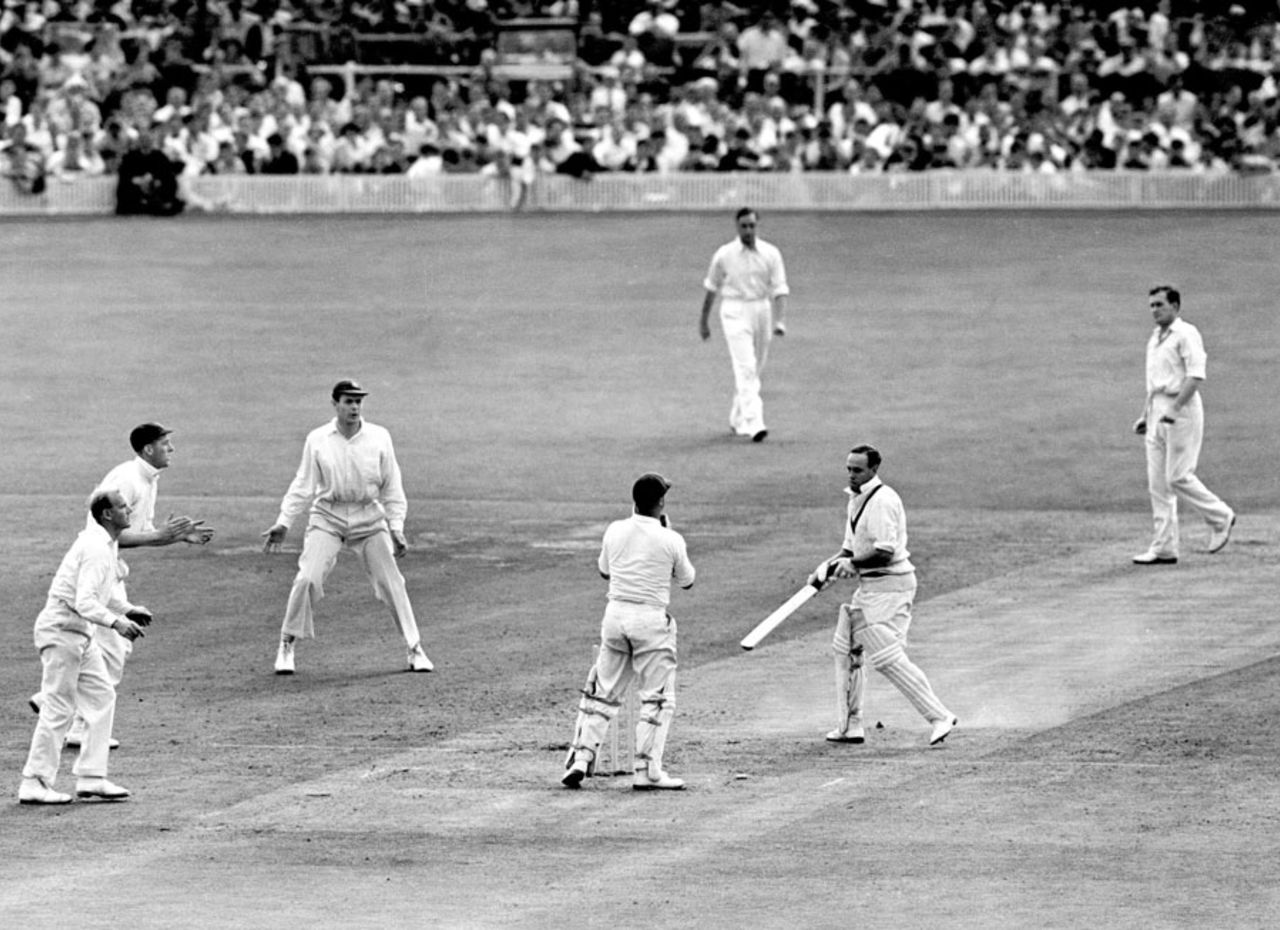 Ian Johnson is bowled for a duck by Jim Laker, England v Australia, 4th Test, Old Trafford, 2nd day, July 27, 1956