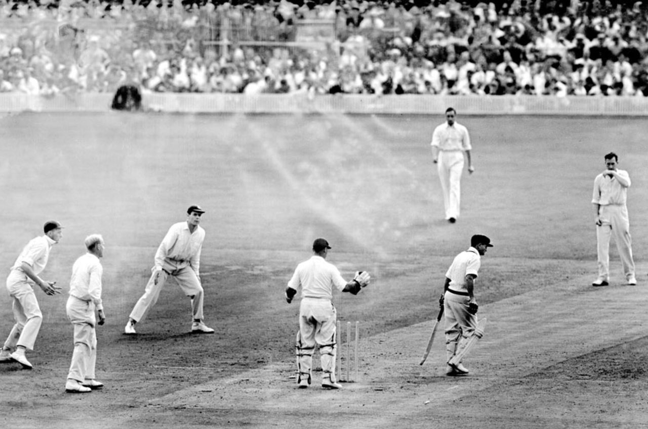 Len Maddocks is bowled for 4 by Jim Laker, England v Australia, 4th Test, Old Trafford, 2nd day, July 27, 1956