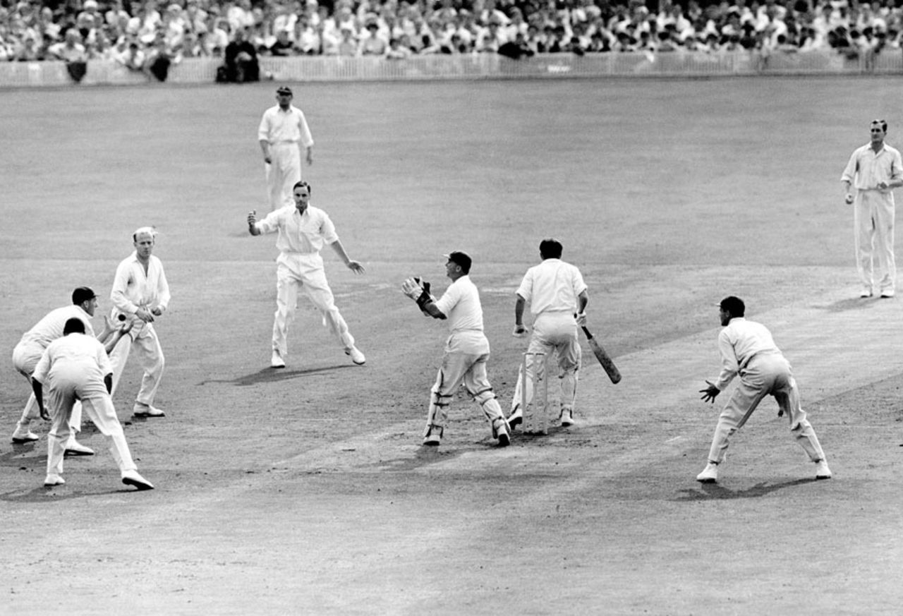 Ken Mackay is caught for a duck by Alan Oakman off Jim Laker, England v Australia, 4th Test, Old Trafford, 2nd day, July 27, 1956