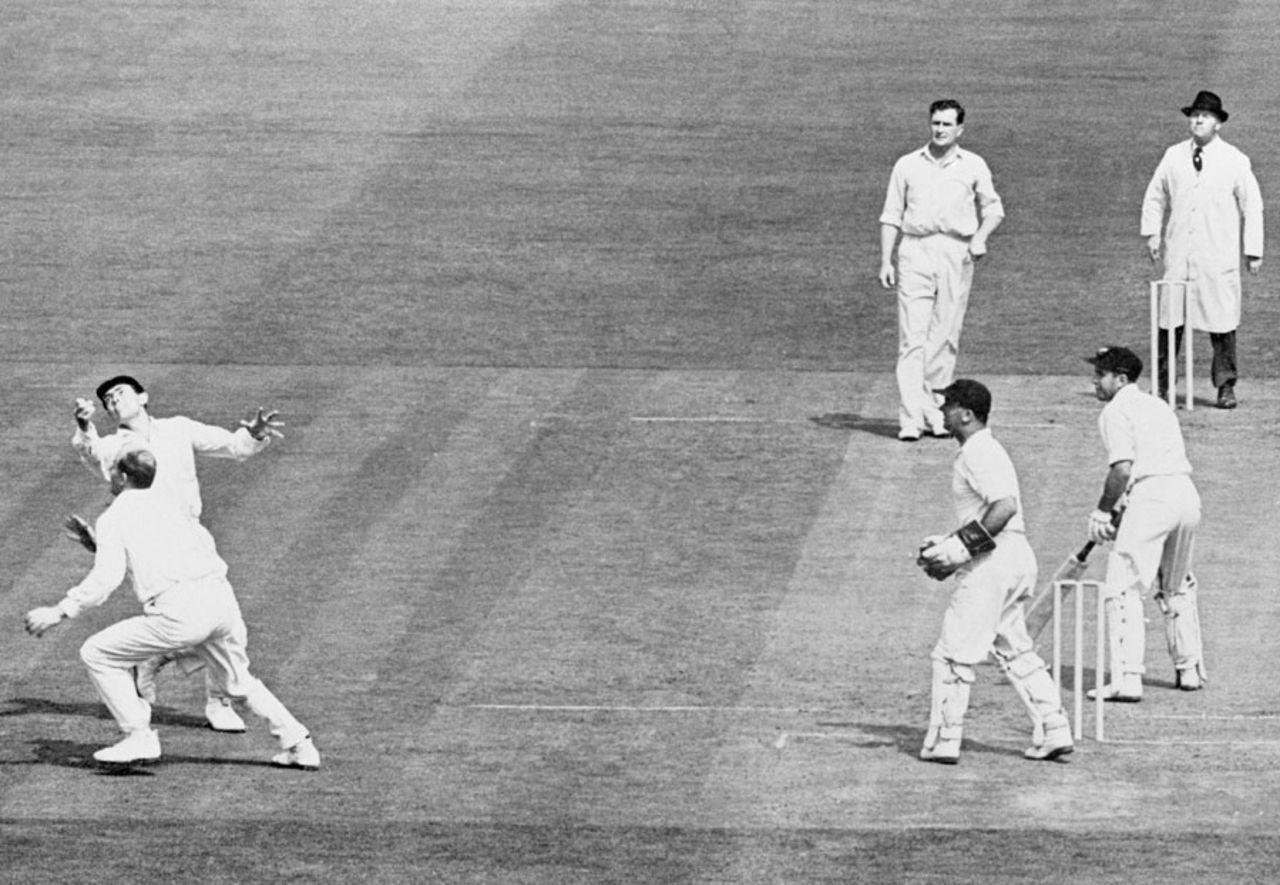Colin McDonald turns the ball past the leg-side fielders, England v Australia, 4th Test, Old Trafford, 2nd day, July 27, 1956