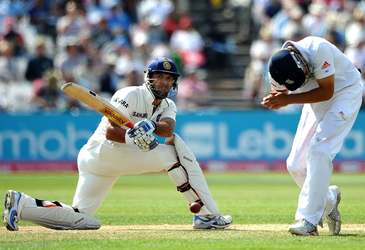 Yuvraj Singh sweeps hard past Alastair Cook, England v India, 2nd npower Test, Trent Bridge, 2nd day, July 30, 2011