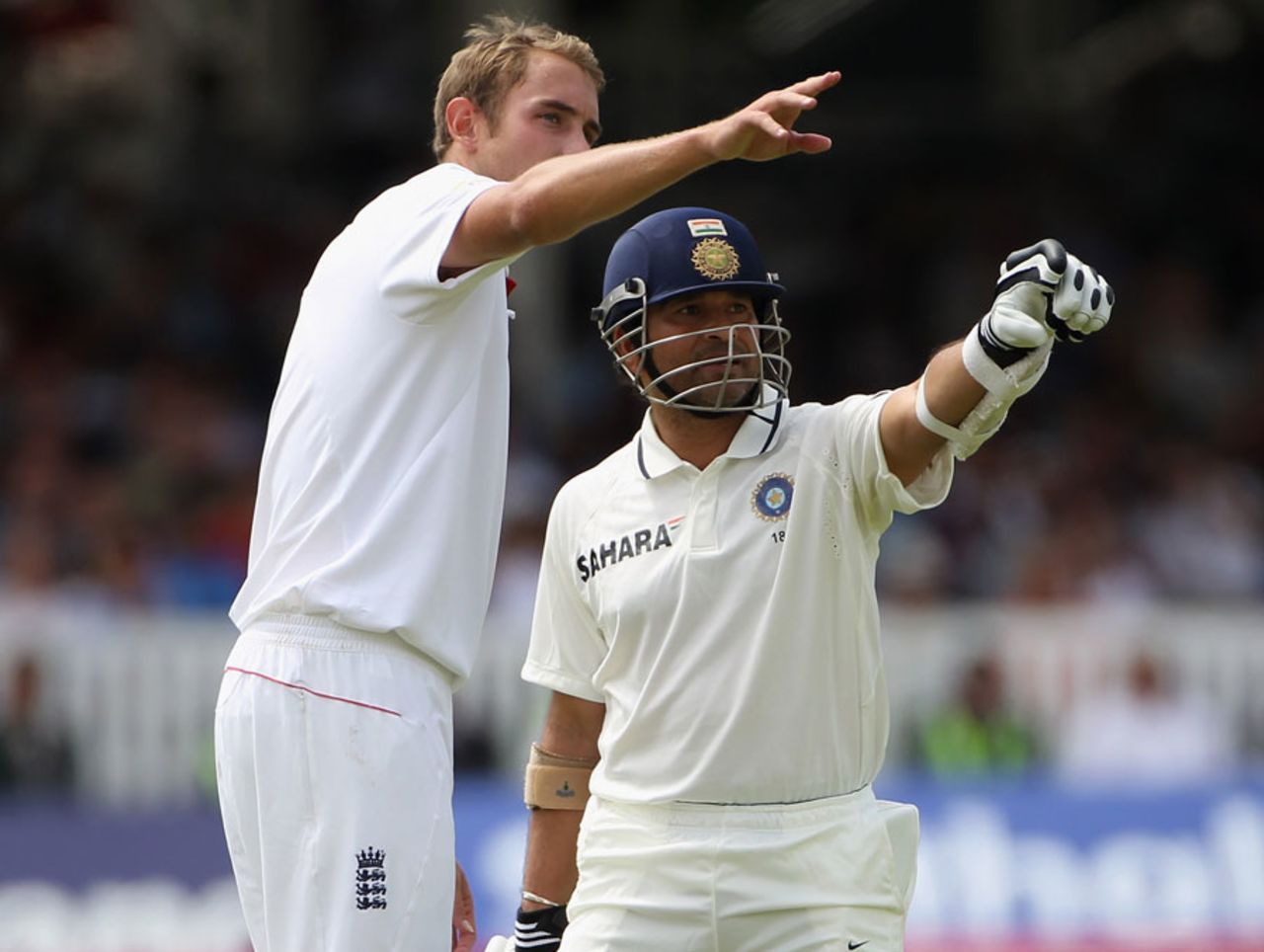 Stuart Broad and Sachin Tendulkar point towards the stands, England v India, 1st Test, Lord's, 5th day, July 25, 2011