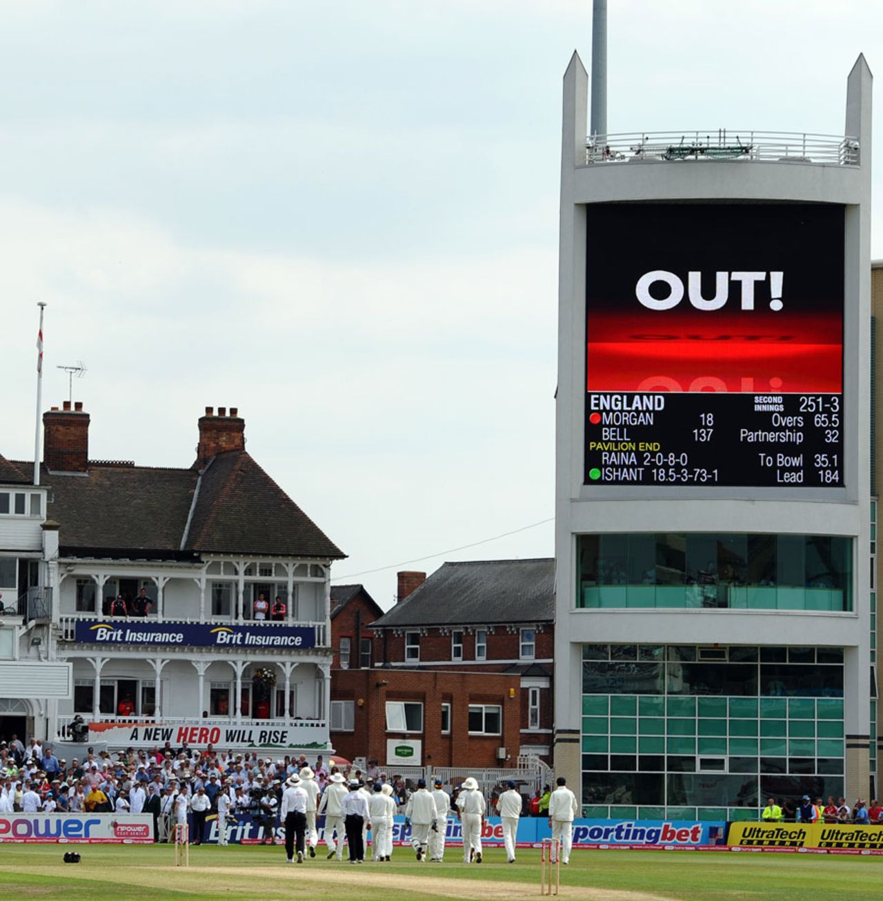 The big screen confirmed that Ian Bell was run out before the appeal was retracted during tea, England v India, 2nd npower Test, Trent Bridge, 3rd day, July 31, 2011