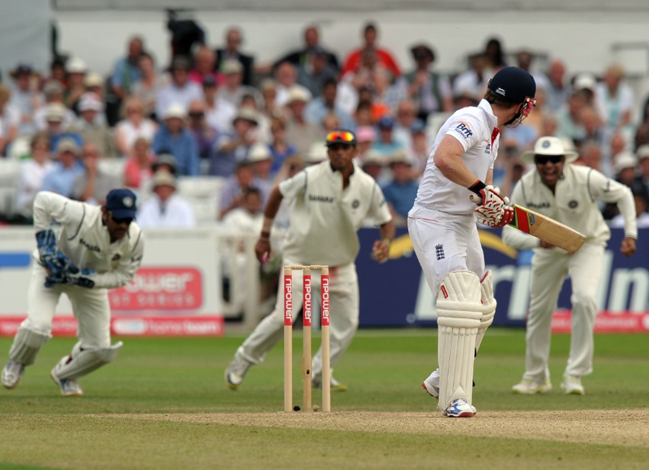 Eoin Morgan was eventually caught behind for 70, England v India, 2nd npower Test, Trent Bridge, 3rd day, July 31, 2011